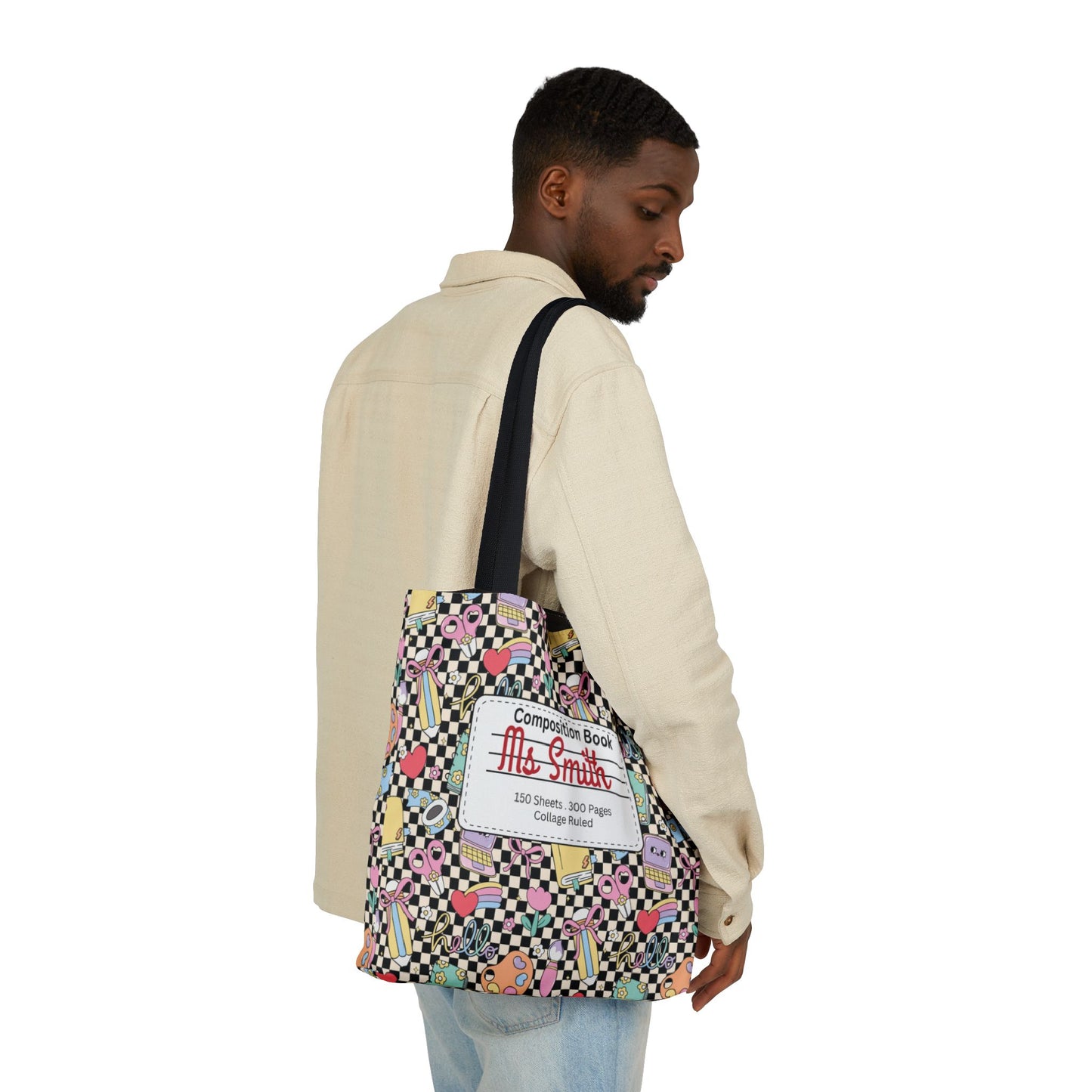 Personalized Black Doodle Daydream Composition Book Inspired Canvas Tote Bag with Colorful Straps, Cute School Bag, Eco-Friendly Tote, Back to School Shopping Bag, Teacher Gift Idea