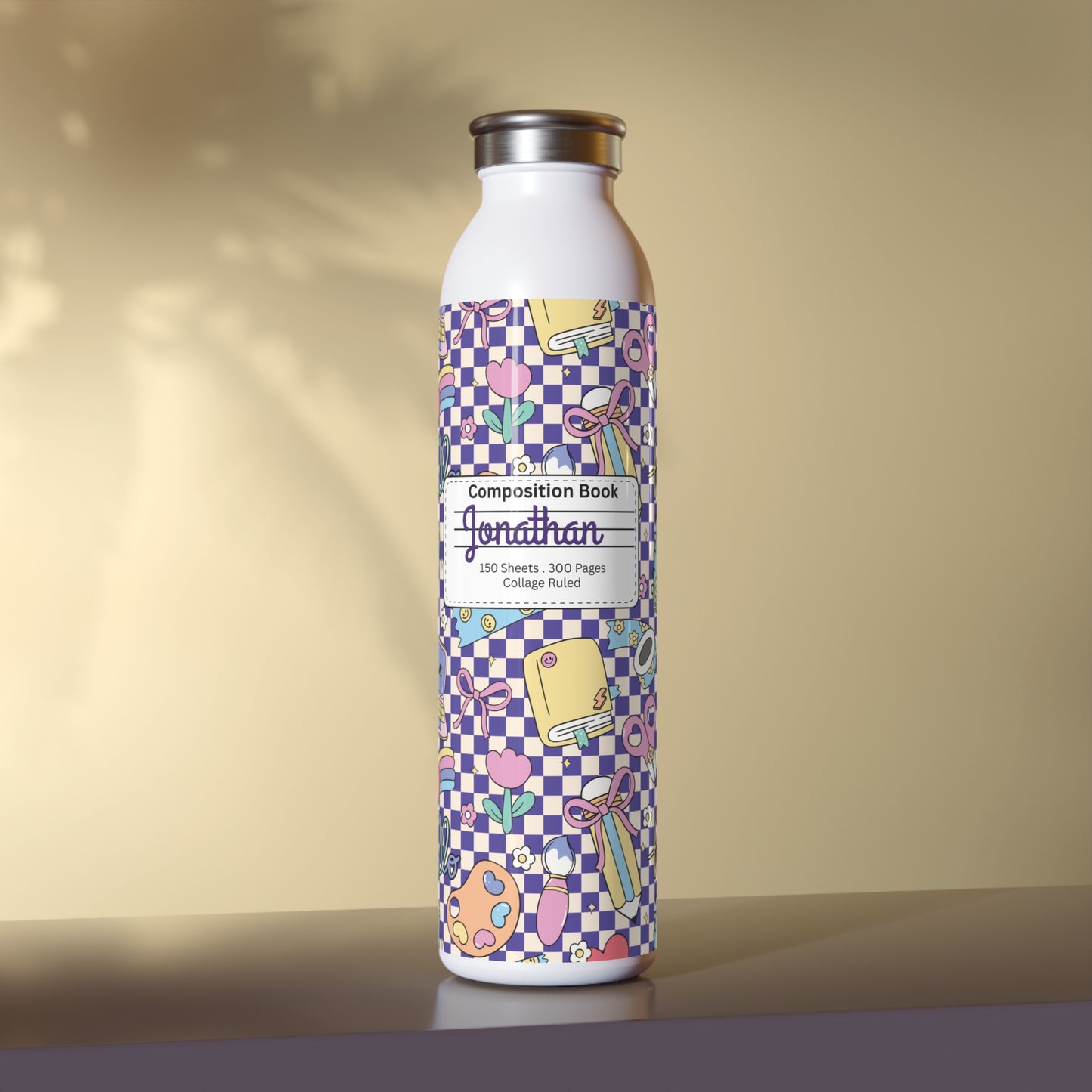 Personalized Composition Purple Doodle Daydream Book Inspired Slim Water Bottle, Customizable Drinkware, Eco-Friendly Hydration Bottle, Perfect for Gifts, School Supplies, Back to School
