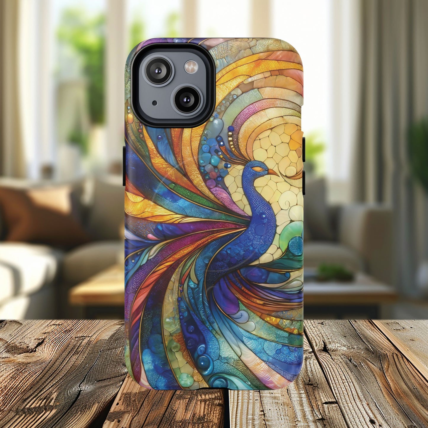 Mosaic Peacock Feathers Magnetic Phone Case, Tough Phone Shell, Vibrant Art Case, Gift for Her, Unique Phone Accessory, Wildlife Lover's Gift, Stained Glass Case.