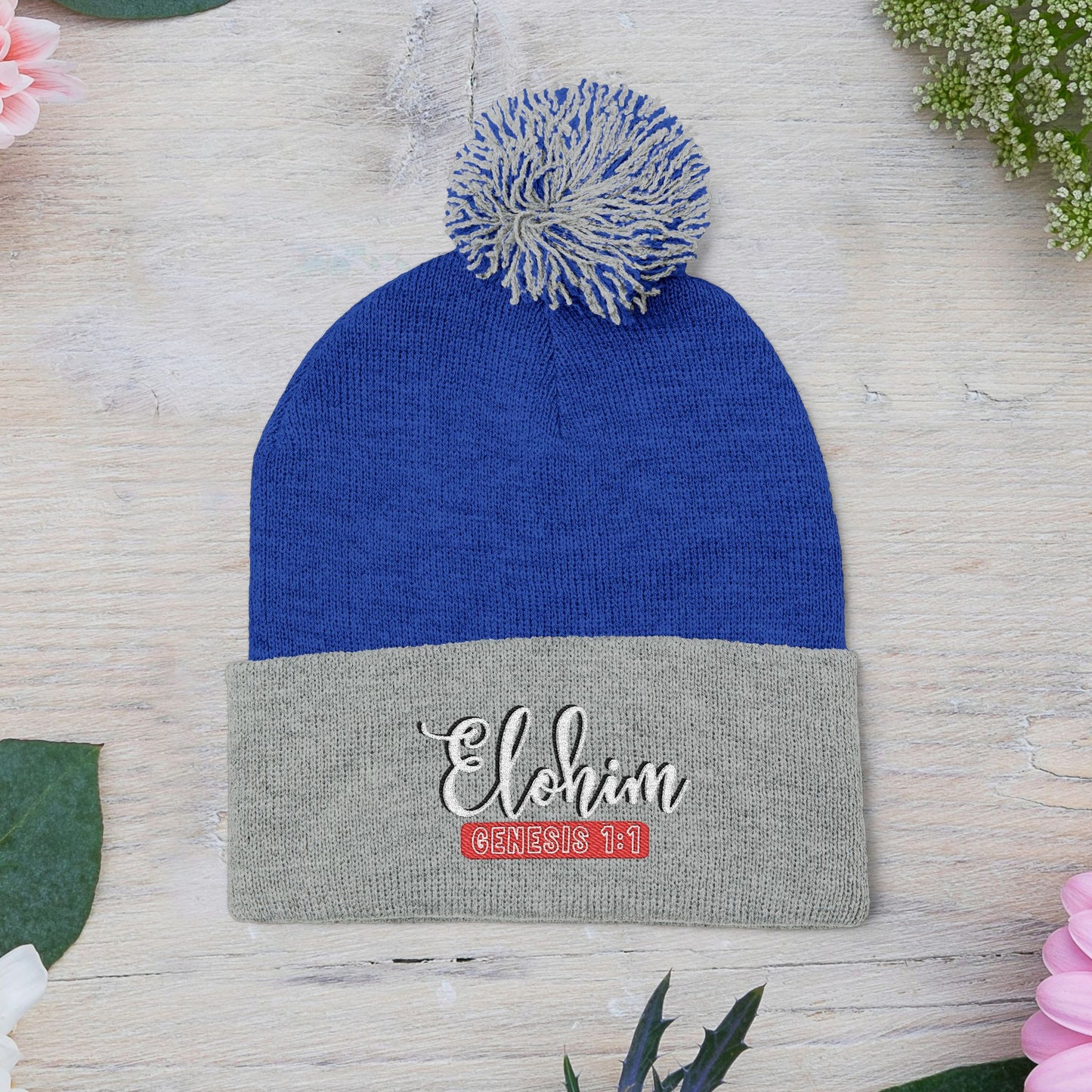Pom-Pom Knit Cap with 'ELOHIM, GENESIS 1:1'  Embroidery Beanie - Stylish Winter Accessory for All Ages, Perfect Gift for Birthdays, Holidays, and Outdoor Activities
