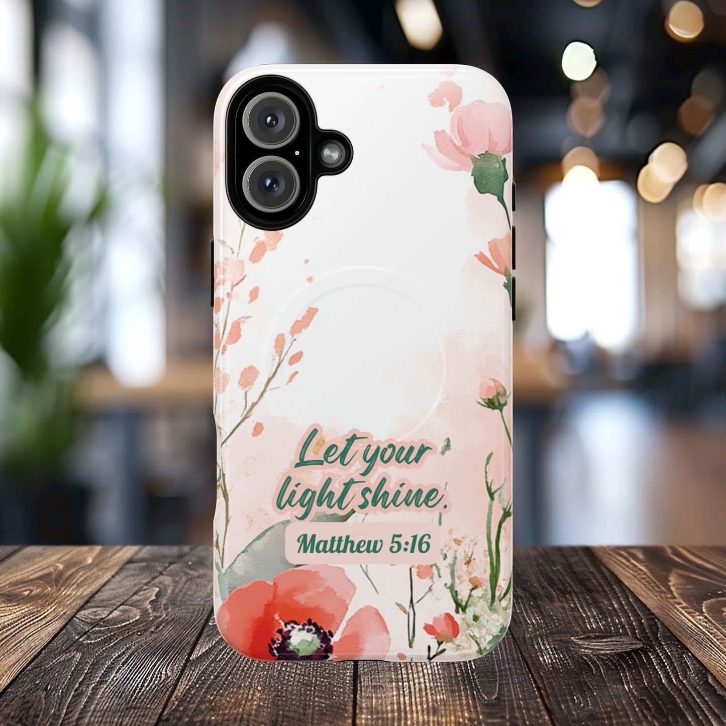 Let your Light Shine Matthew 5:16, Inspirational Gift, Tough iPhone Magnetic Case Scripture, Floral Bible Verse, MagSafe® iPhone® Tough Case, iPhone 14, iPhone 15, iPhone 16, Pro, Pro Max, Plus.