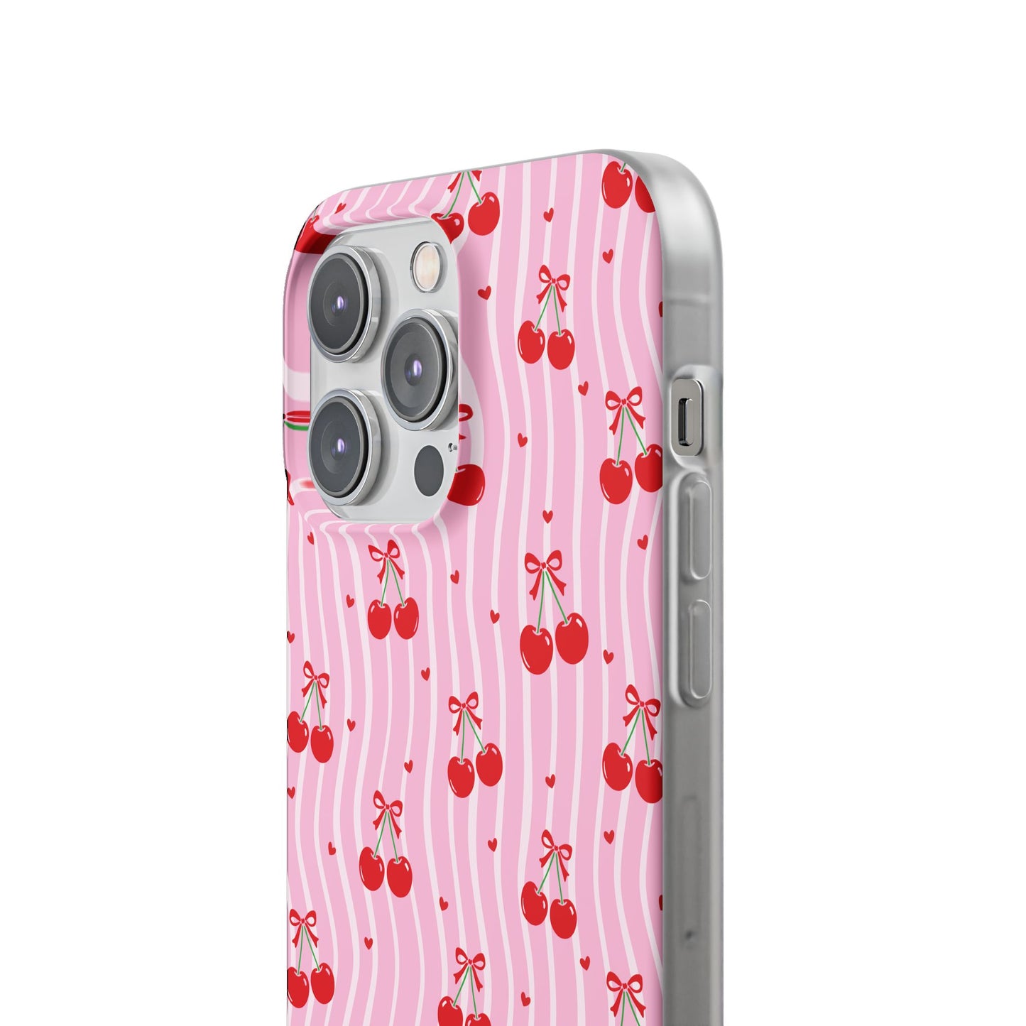 Personalized Cherry Blossom Dreams Flexi Case — Pink Retro Cherry iPhone® 7/8, 11, 12, 13, 14, 15, 16, 17, X/XS, SE, XR, Mini, Pro, Pro Max, Plus Cases.