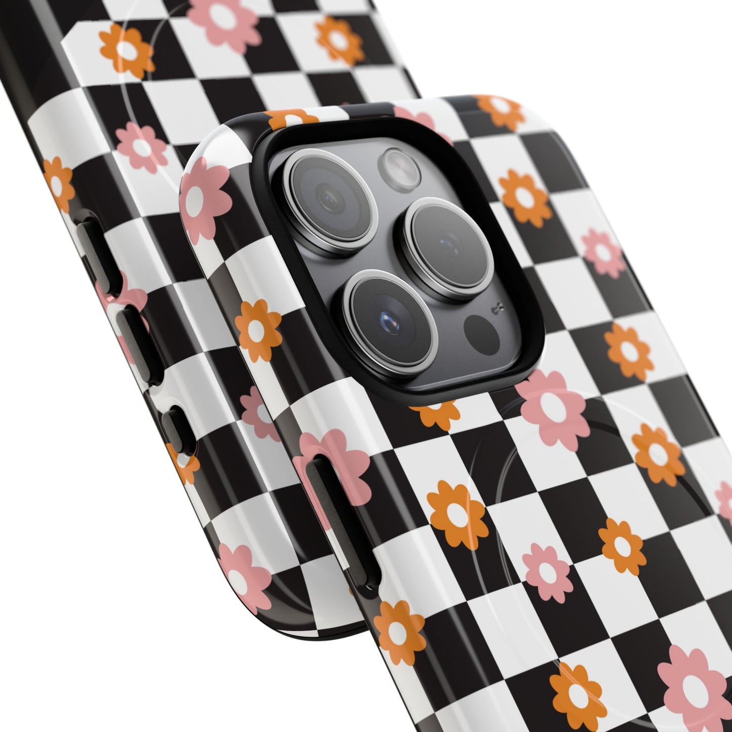 Groovy Checkered Bloom iPhone Case, Tough Magnetic Cases for Women, Stylish iPhone Cover, Trendy Floral Print, Gift for Her, Everyday Accessories