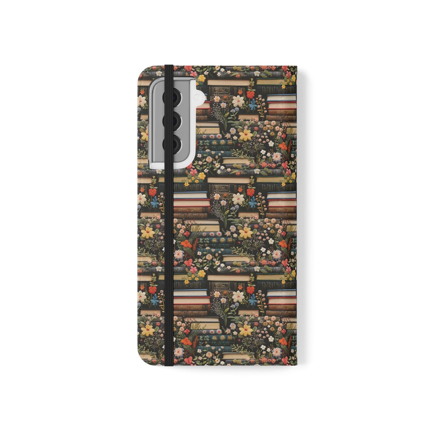 Book Stack Floral Flip iPhone and Samsung Phone Case — Vintage Library Wallet Cover.