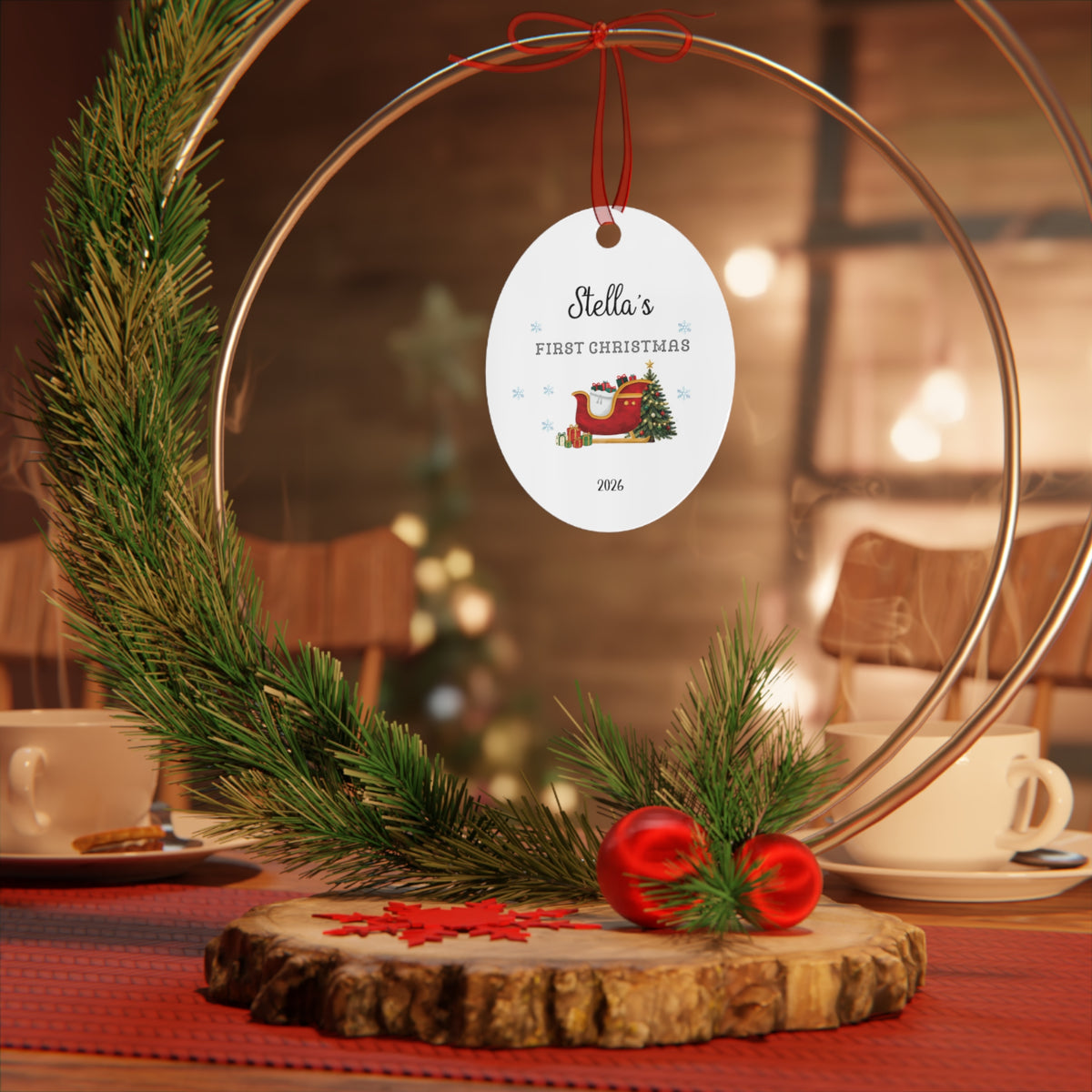 Personalized First Christmas Metal Ornament — Custom Name & Year, Sleigh and Tree Design