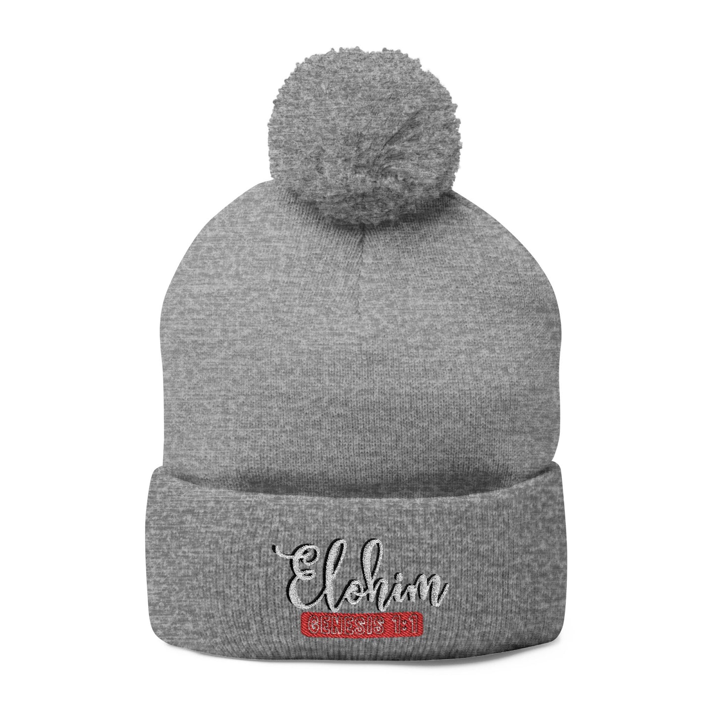 Pom-Pom Knit Cap with 'ELOHIM, GENESIS 1:1'  Embroidery Beanie - Stylish Winter Accessory for All Ages, Perfect Gift for Birthdays, Holidays, and Outdoor Activities