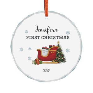 Personalized "First Christmas" Glass Ornament — Custom Name & Year, Sleigh & Tree Holiday Keepsake