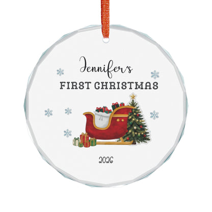 Personalized "First Christmas" Glass Ornament — Custom Name & Year, Sleigh & Tree Holiday Keepsake