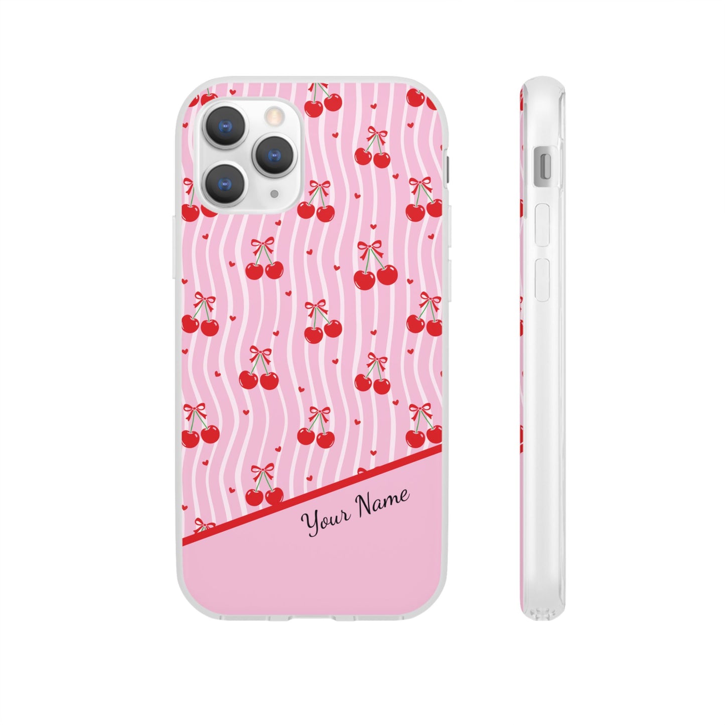 Personalized Cherry Blossom Dreams Flexi Case — Pink Retro Cherry iPhone® 7/8, 11, 12, 13, 14, 15, 16, 17, X/XS, SE, XR, Mini, Pro, Pro Max, Plus Cases.
