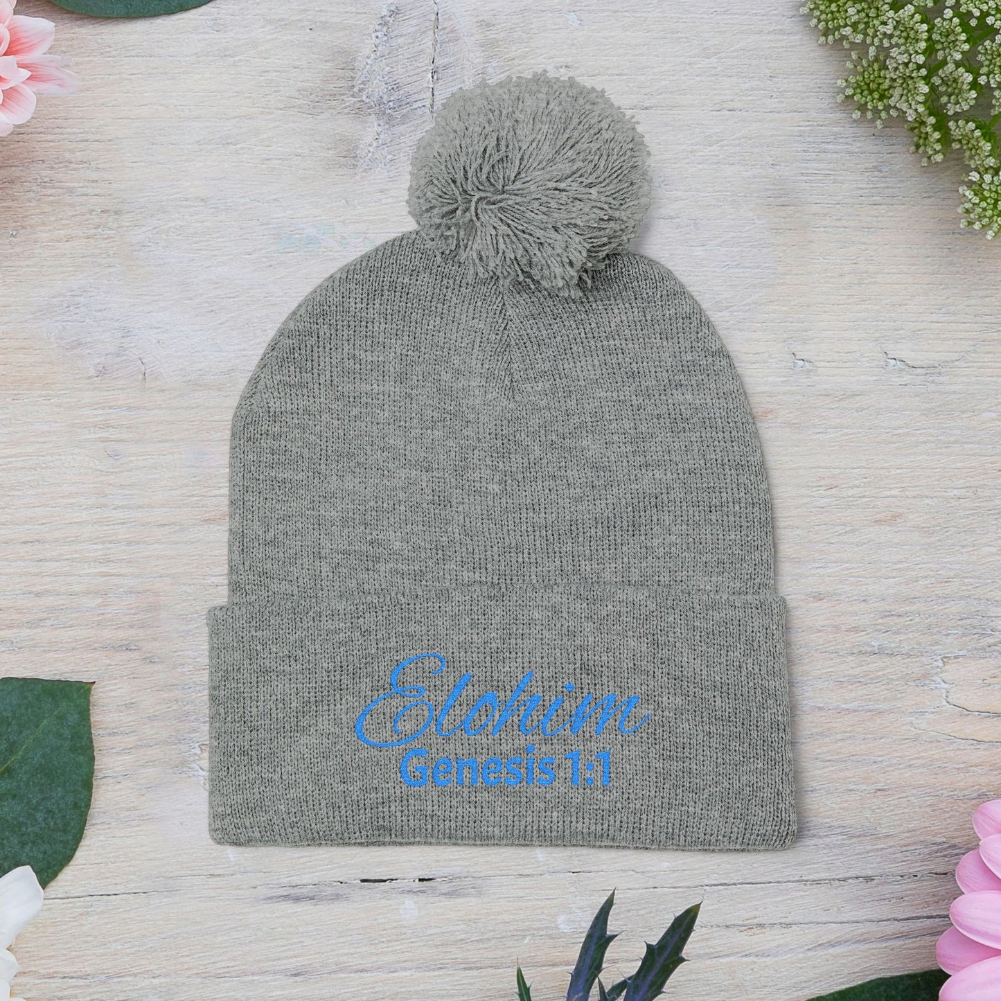 Pom-Pom Knit Cap with 'ELOHIM, GENESIS 1:1'  Embroidery Beanie - Stylish Winter Accessory for All Ages, Perfect Gift for Birthdays, Holidays, and Outdoor Activities