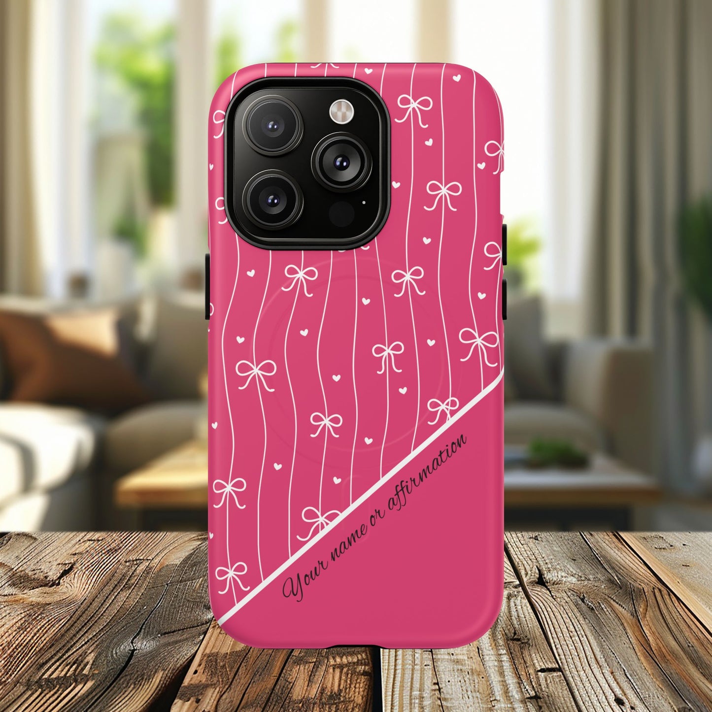 Pink Bow Coquette Magnetic Tough Magnetic MagSafe®  Case — (Add Name or Affirmation)-iPhone® 13, 14, iPhone 15, iPhone 16, iPhone 17, Pro, Pro Max, Plus Cases.