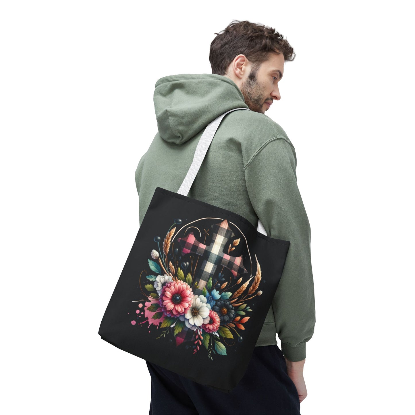 Faith and Floral Cross Heart Tote Bag