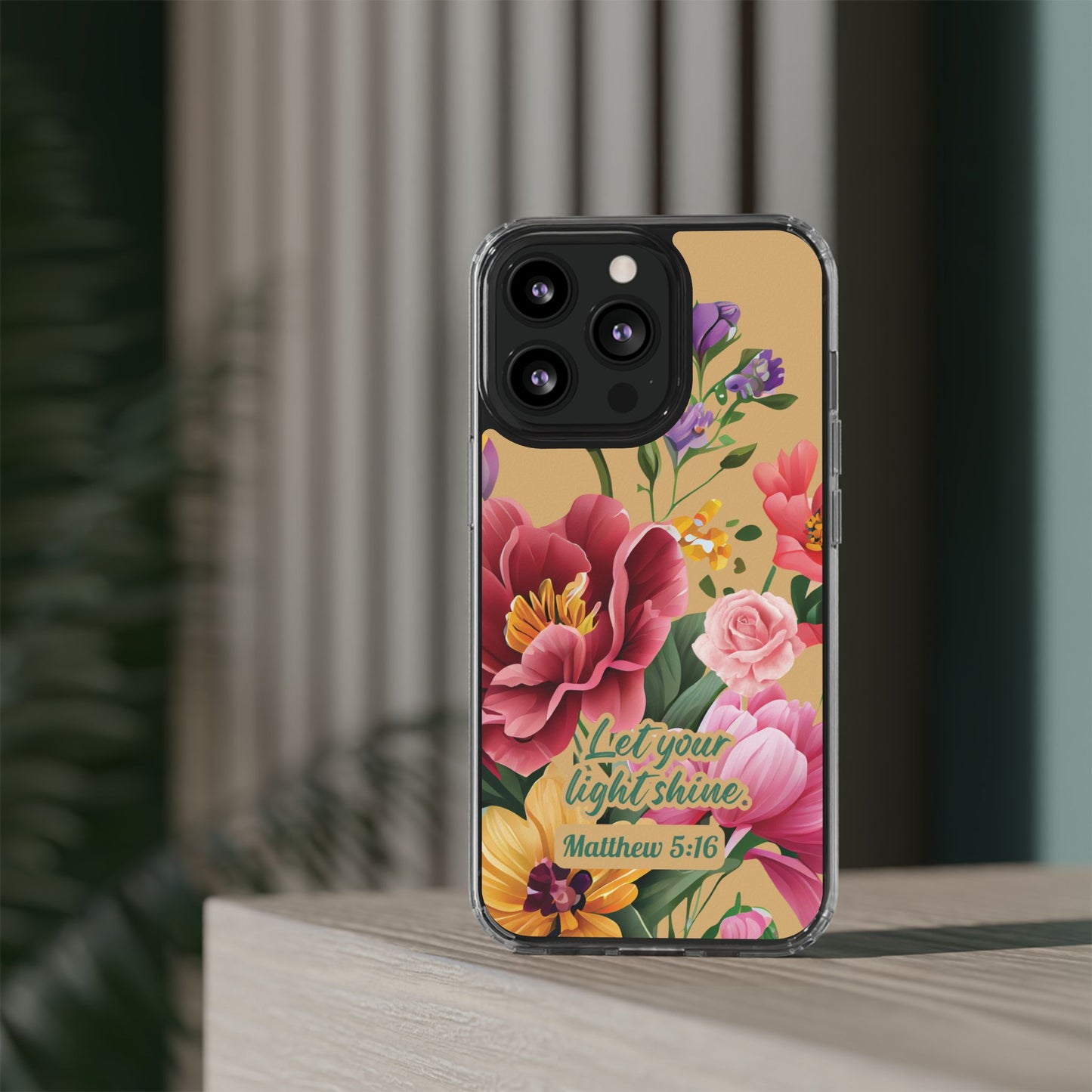 Clear Floral Bible Verse Phone Case — "Let Your Light Shine" (Matthew 5:16) for iPhone and Samsung Cases.