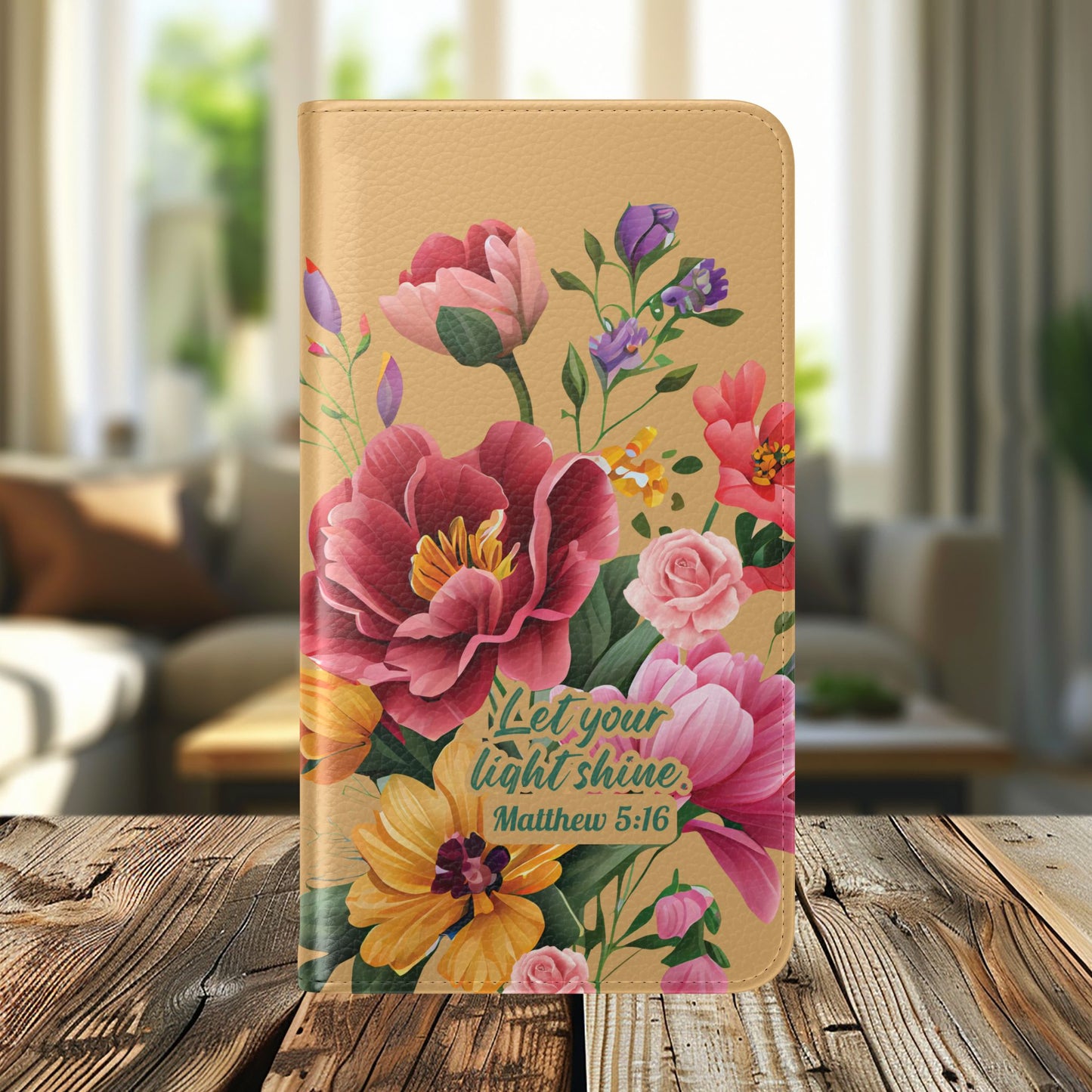 Floral Scripture Flip Case — "Let Your Light Shine" Wallet Phone Cover (Matthew 5:16)