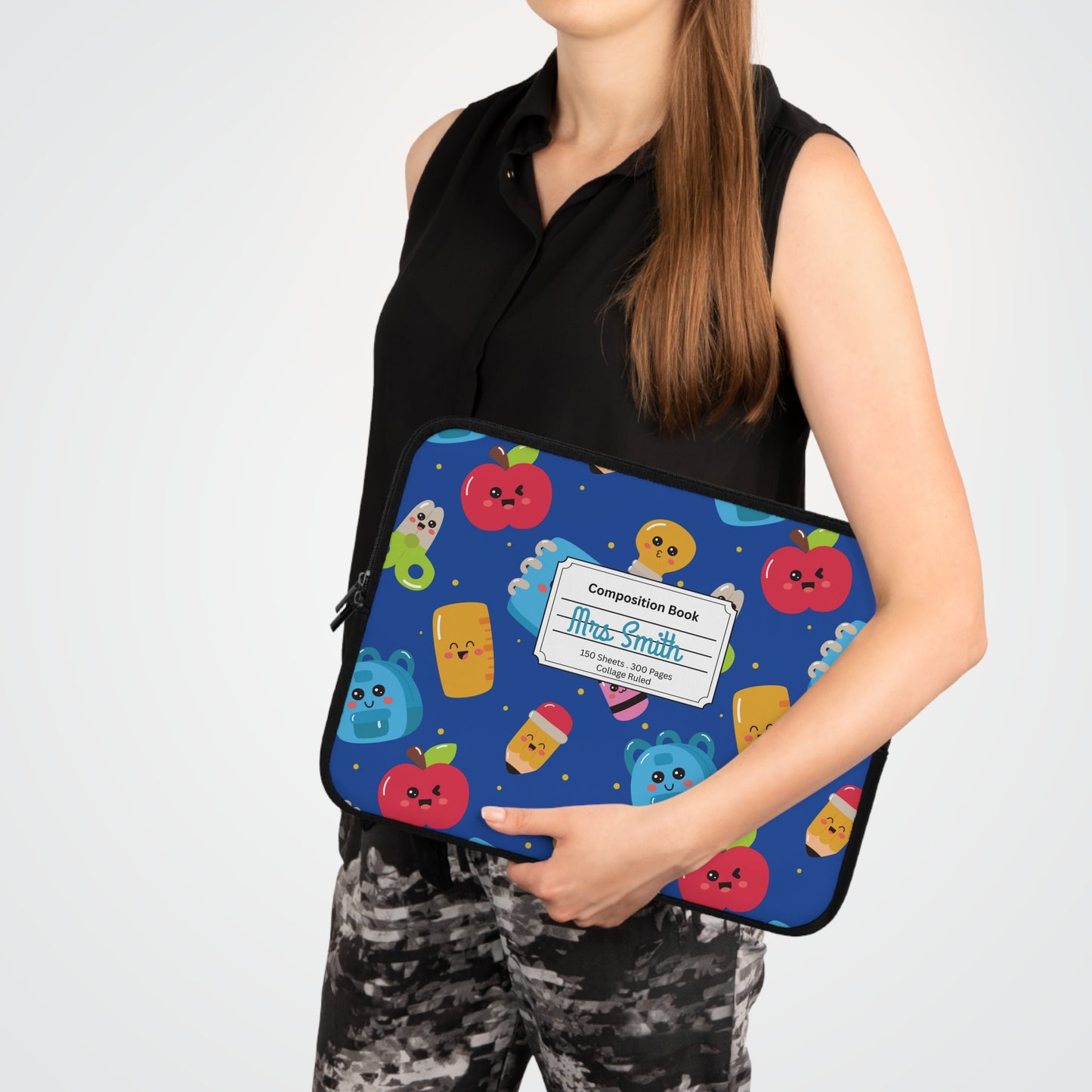 Personalized Blue Kawaii Laptop Sleeve with Composition Book Inspired Design, Customizable Tech Case, School Supplies, Gift for Students, College Essentials, Back to School