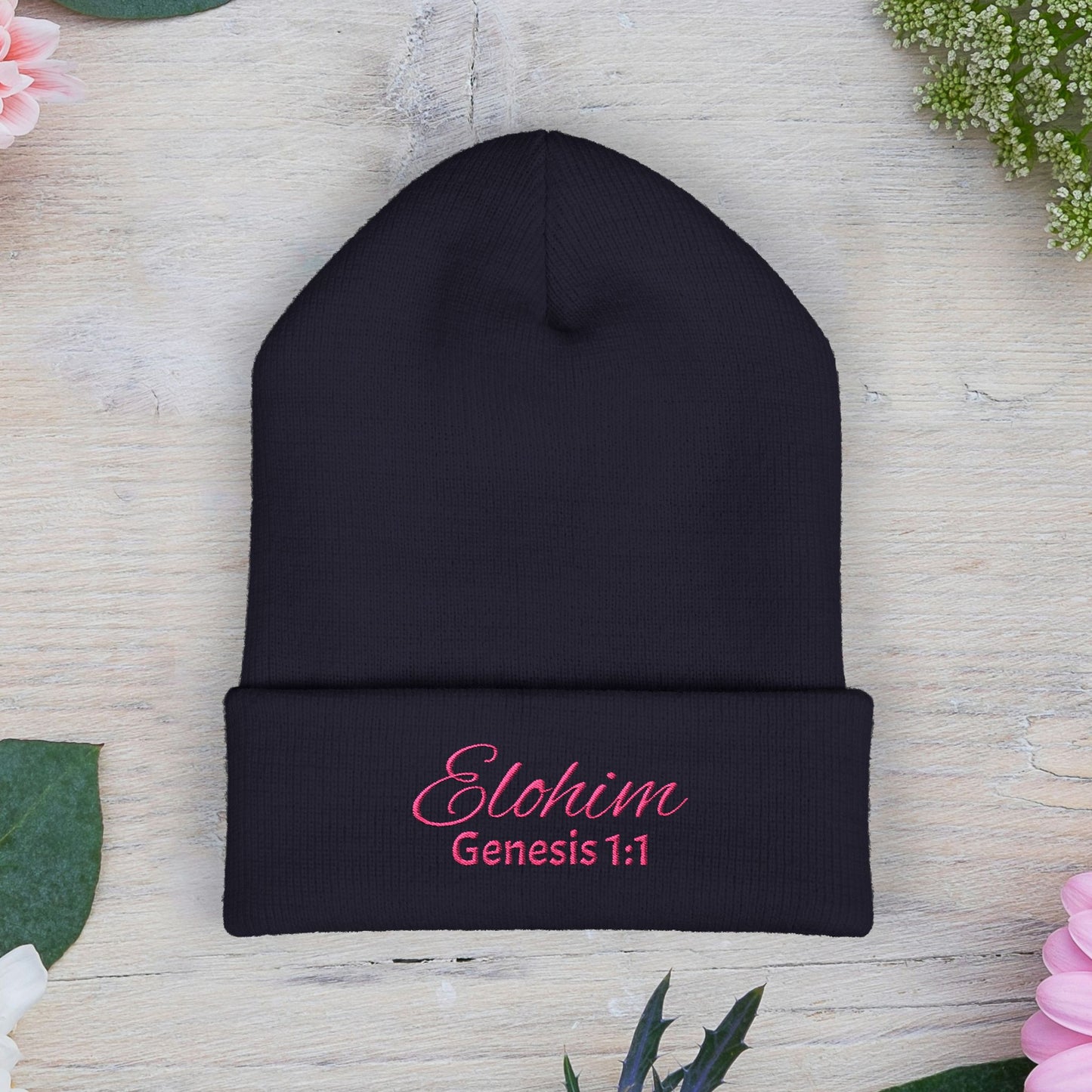Pink Embroidered 'ELOHIM, GENESIS 1:1' Classic Cuffed Beanie - Cozy Winter Hat, Streetwear Accessory, Personalized Gifts, Religious Apparel, Unisex Beanie