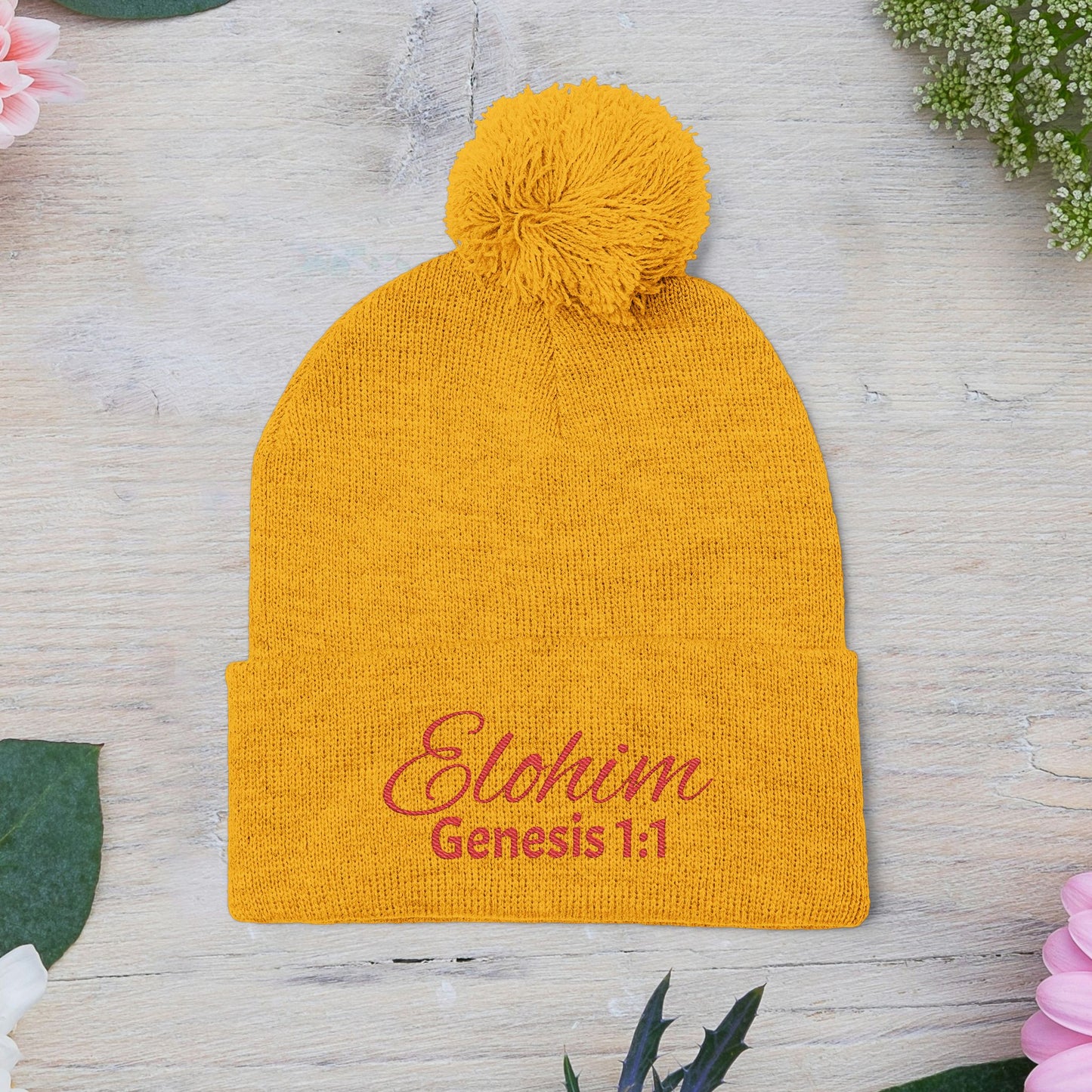 Red Pom-Pom Knit Cap with 'ELOHIM, GENESIS 1:1'  Embroidery Beanie - Stylish Winter Accessory for All Ages, Perfect Gift for Birthdays, Holidays, and Outdoor Activities