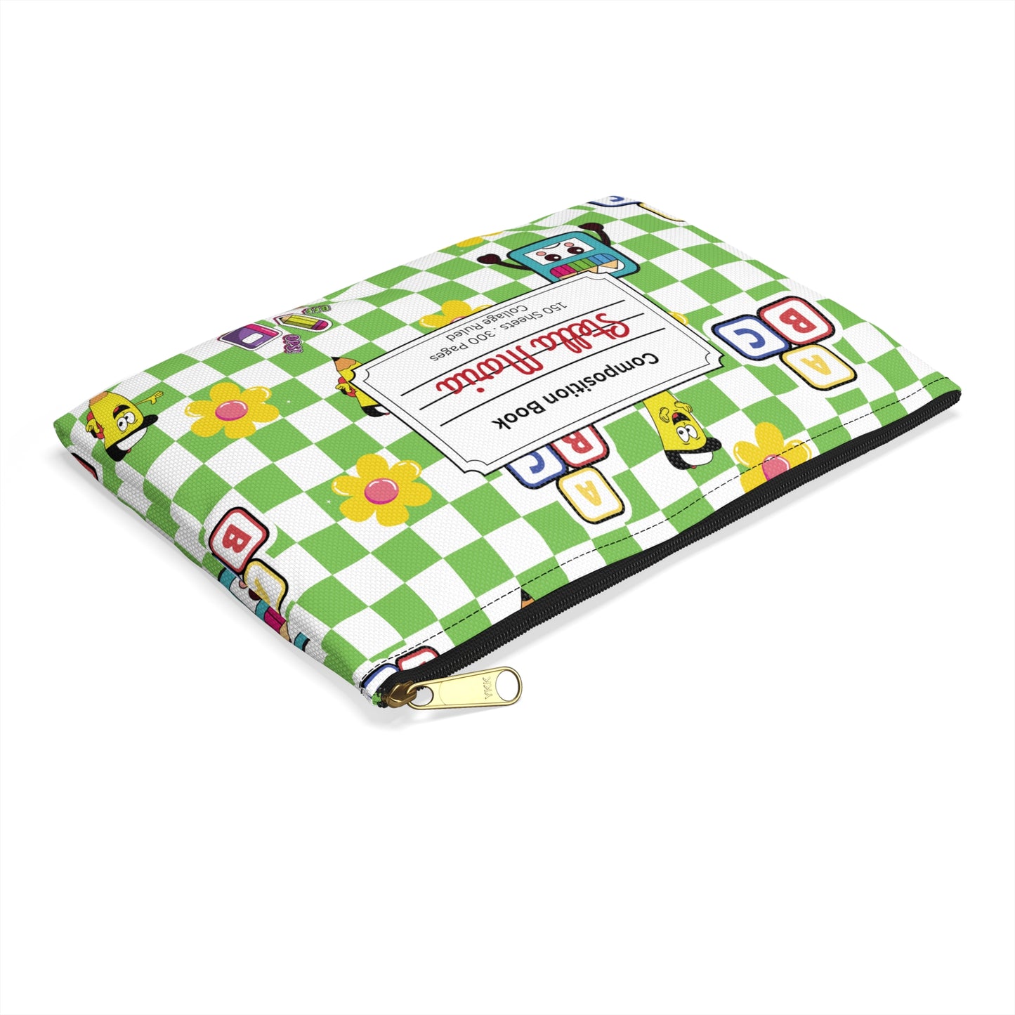 Personalized Green SchoolYard Chic Composition Book Inspired Accessory Pouch, Kids School Supplies, Classroom Organizer, Teacher Gift, Fun Stationery Case, Back to School