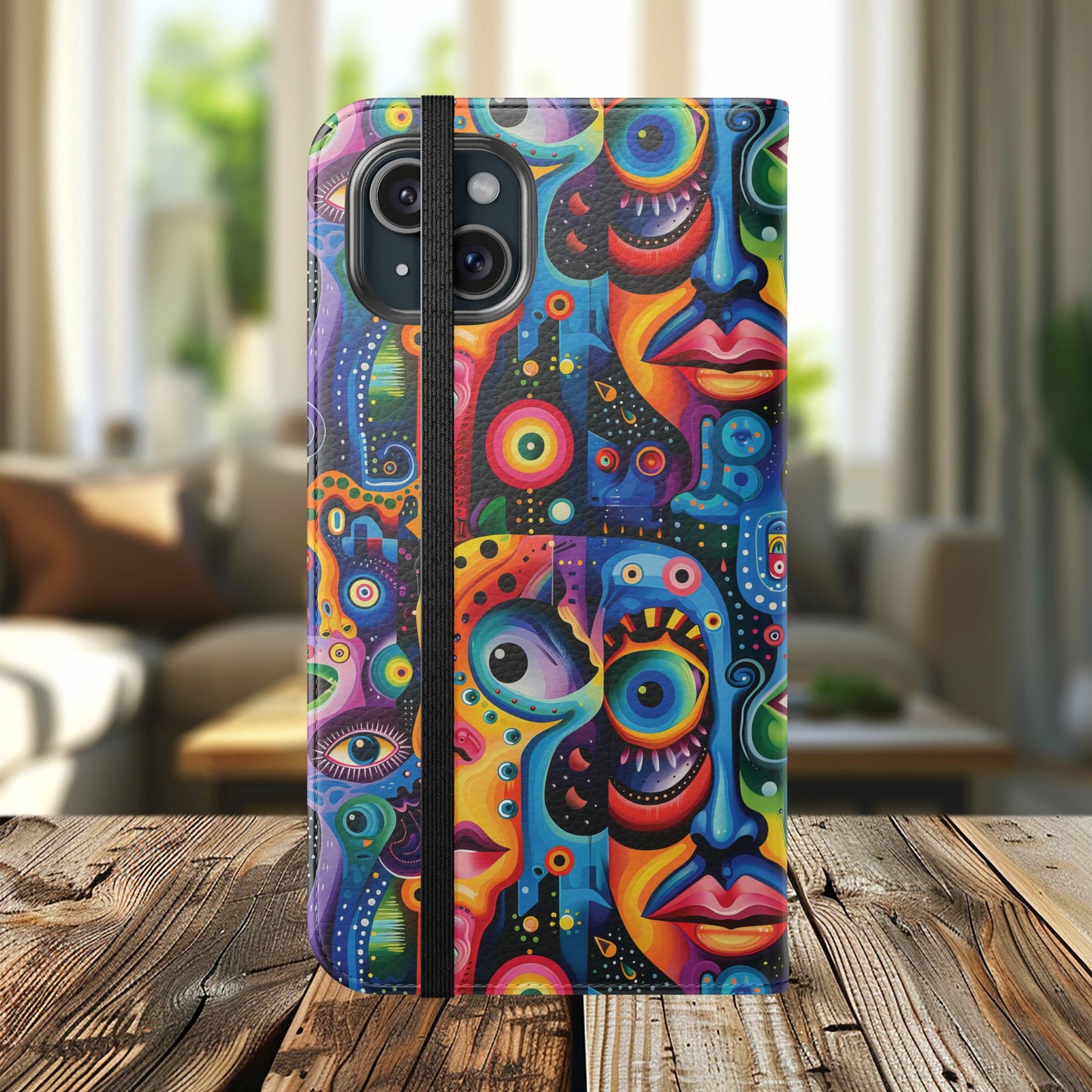 Psychedelic Visions Vibrant Art Flip iPhone and Samsung Phone Case - Colorful Faces Design for Phone Protection