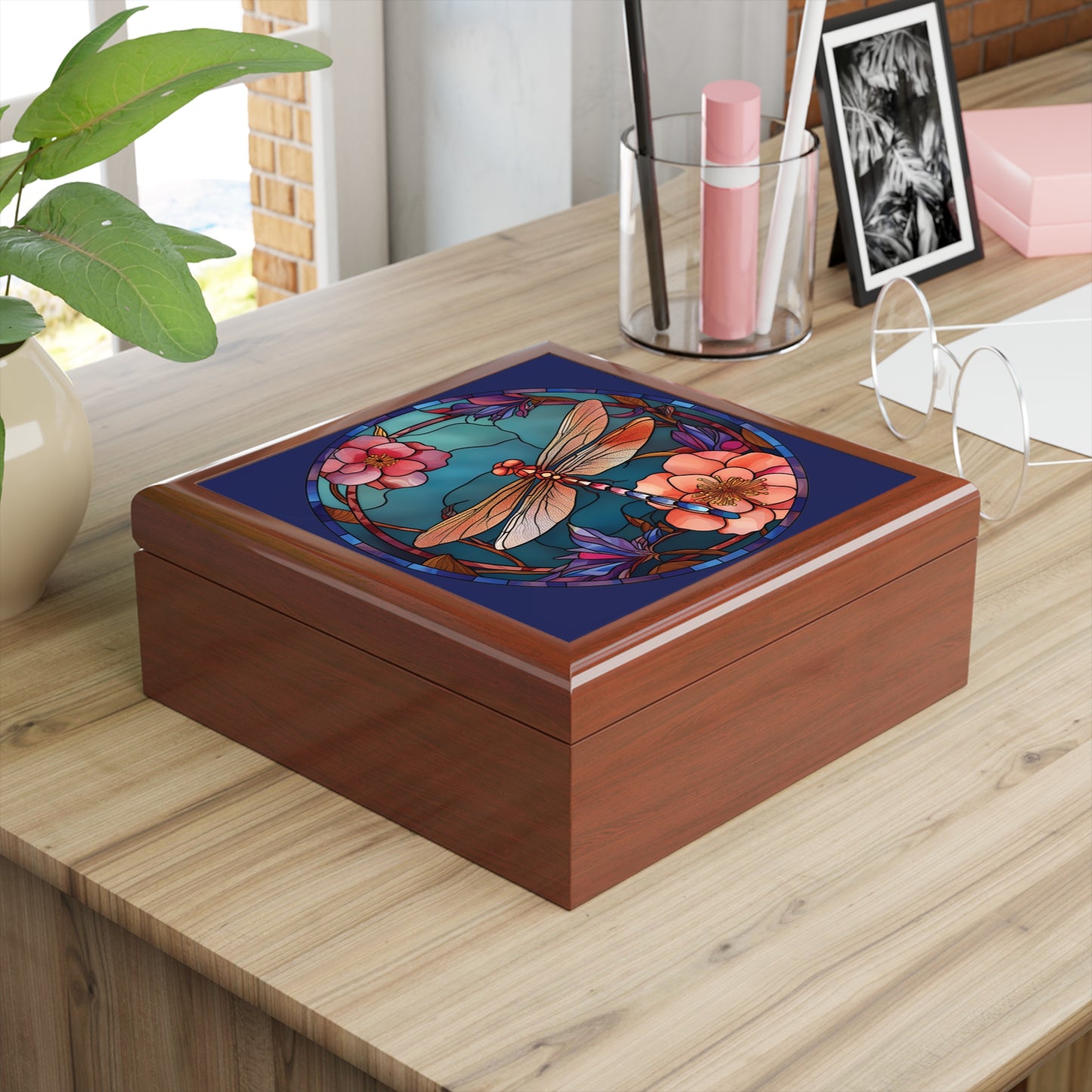 Dragonfly Stained Glass Jewelry Box — Floral Keepsake Storage