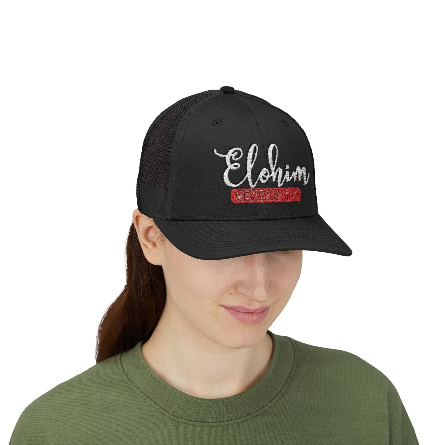 Script Embroidery ''Elohim'' Faith Snapback Trucker Cap - Religious Hat, Stylish Accessory, Gift for Believers, Casual Wear, Outdoor Events, Faith-Based, Name of GOD.