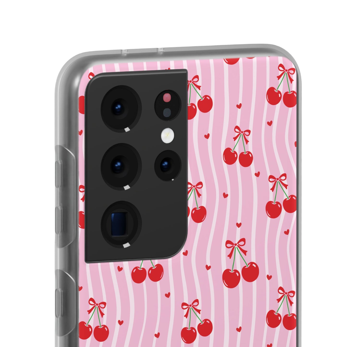 Personalized Cherry Blossom Dreams Flexi Case — Pink Retro Cherry iPhone® 7/8, 11, 12, 13, 14, 15, 16, 17, X/XS, SE, XR, Mini, Pro, Pro Max, Plus Cases.