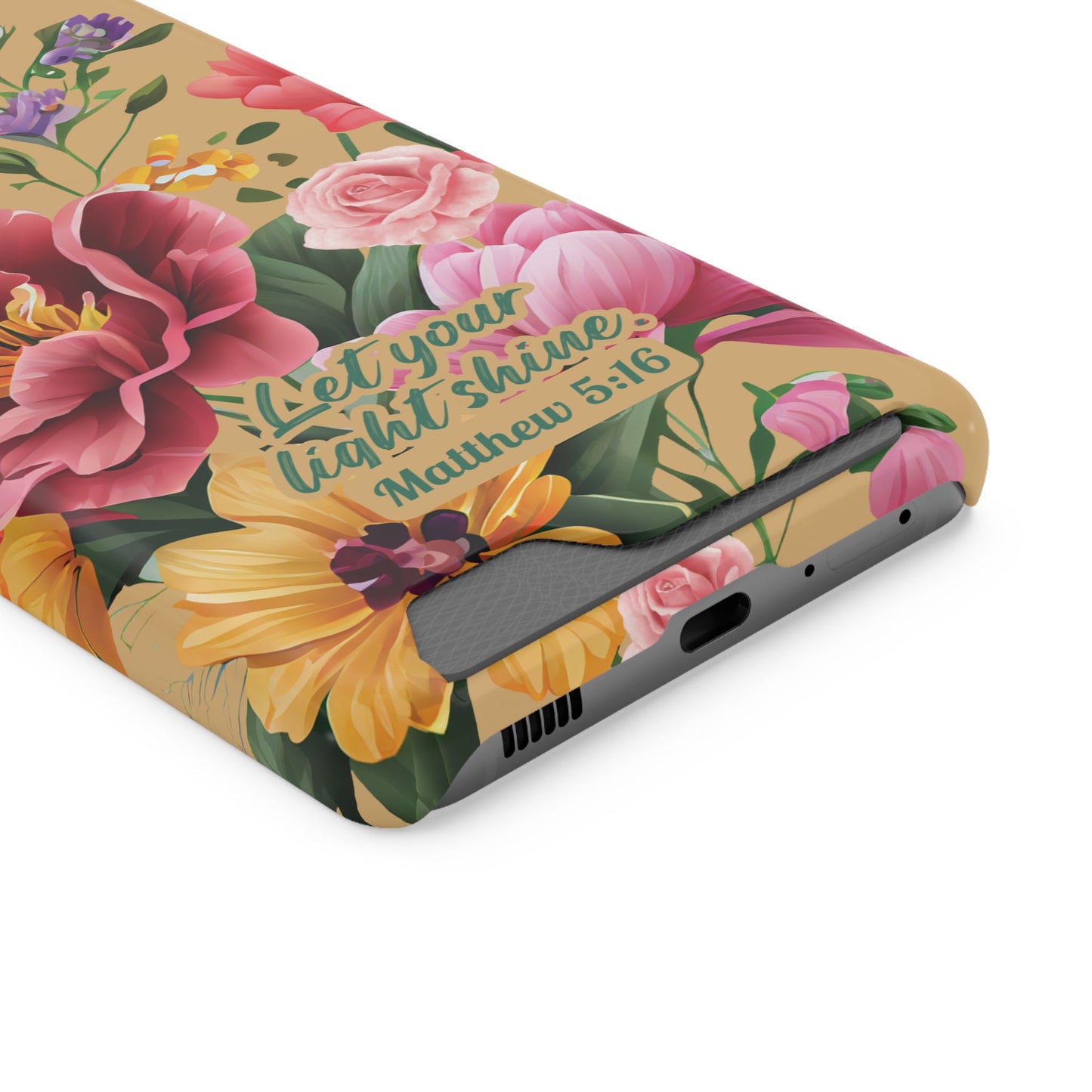 Floral Bible Verse Phone Case with Card Holder — "Let Your Light Shine" (Matthew 5:16)