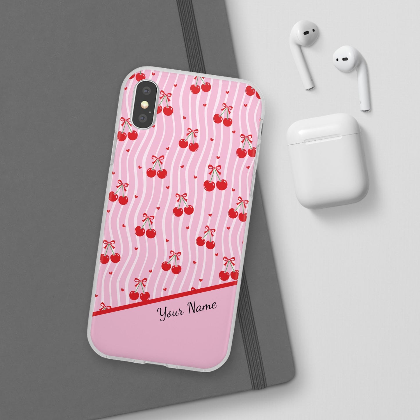 Personalized Cherry Blossom Dreams Flexi Case — Pink Retro Cherry iPhone® 7/8, 11, 12, 13, 14, 15, 16, 17, X/XS, SE, XR, Mini, Pro, Pro Max, Plus Cases.
