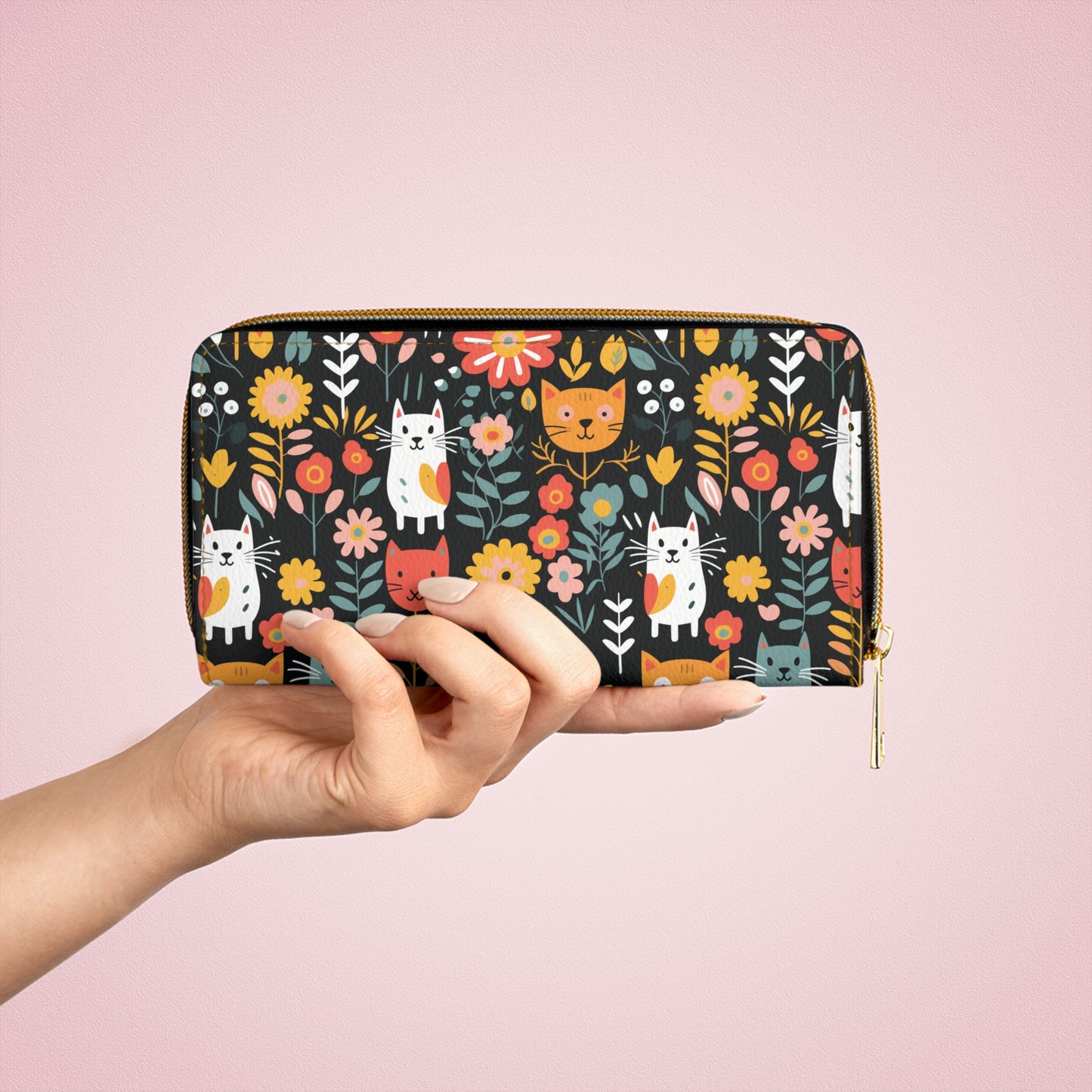 Whimsical Feline Garden Zipper Wallet, Cat Lover Gift, Adorable Wallet Accessory, Wallet for Women, Floral Print Purse