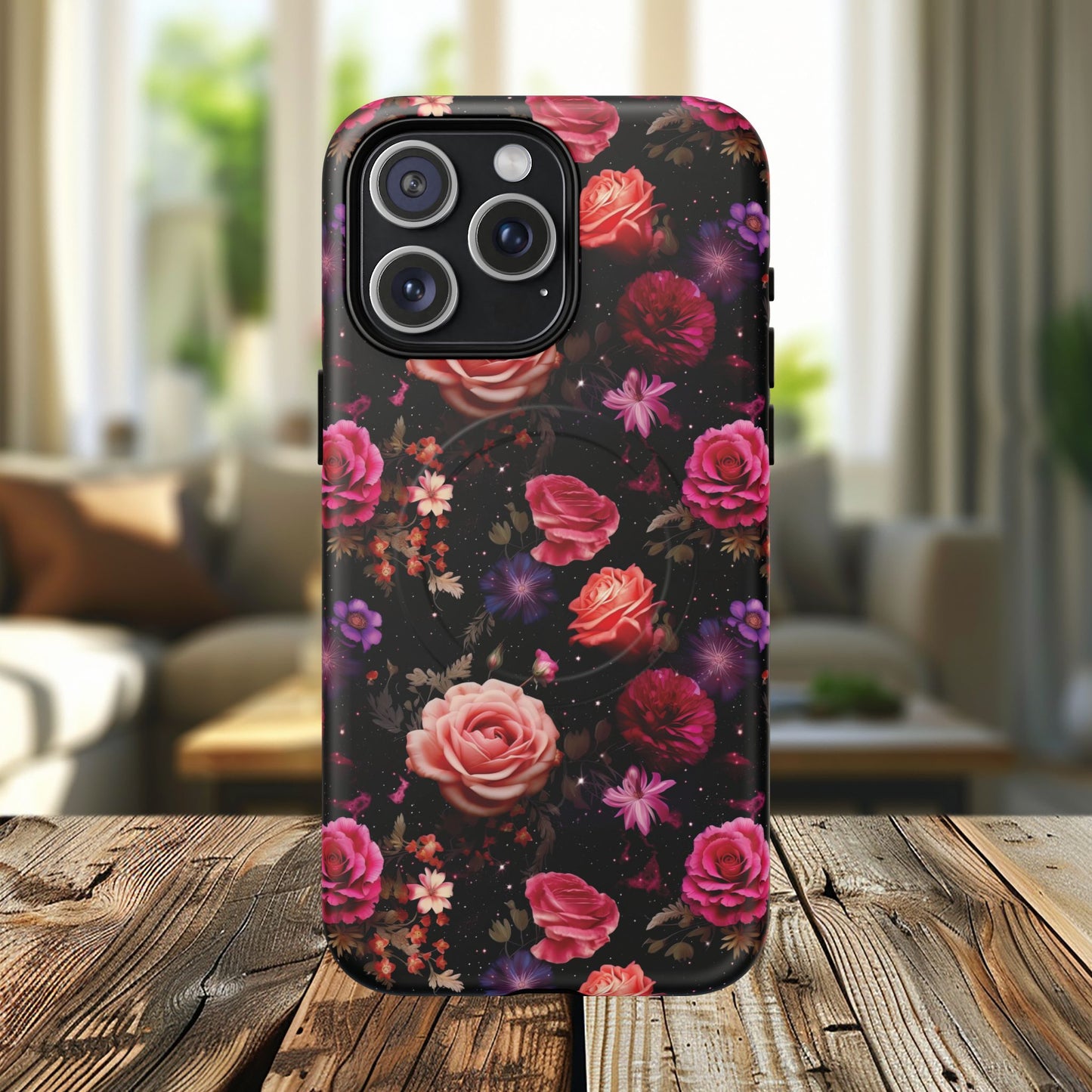 Starry Rose Garden Tough Magnetic Phone Case, Stylish Phone Cover, Gift for Her, Elegant Floral Design, Durable Phone Accessories