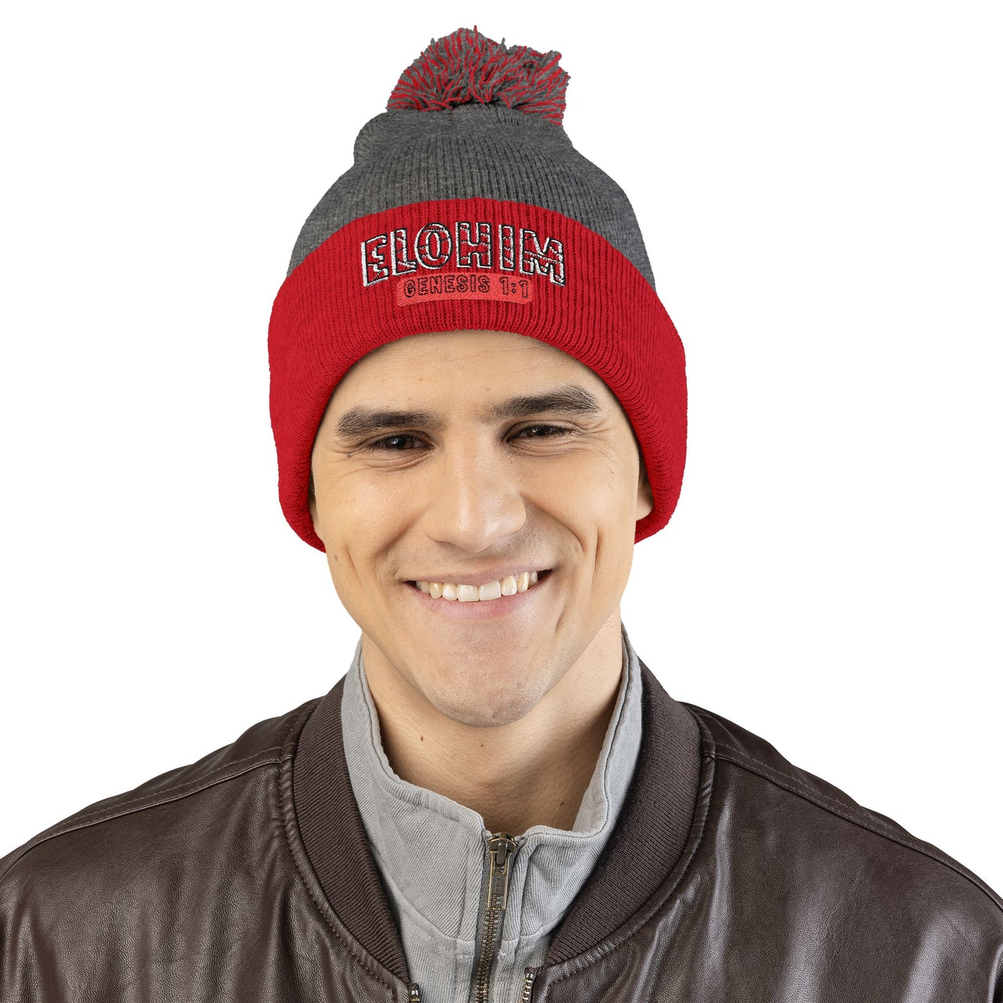 Cozy Pom-Pom Knit Cap with 'ELOHIM, GENESIS 1:1'  Embroidery Beanie - Stylish Winter Accessory for All Ages, Perfect Gift for Birthdays, Holidays, and Outdoor Activities