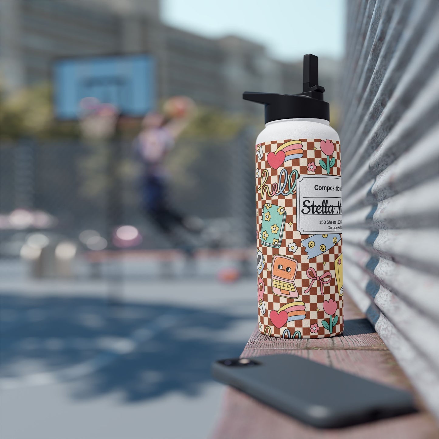 Personalized Brown Doodle Daydream Composition Book Inspired Stainless Steel Water Bottle for Kids, School Supplies, Eco-Friendly Drinkware, Back to School, Teacher Gifts