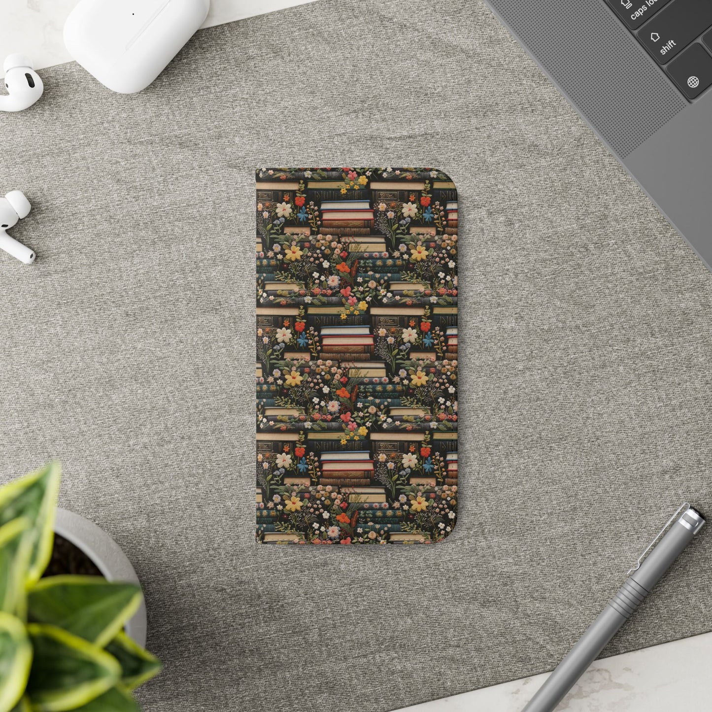 Book Stack Floral Flip iPhone and Samsung Phone Case — Vintage Library Wallet Cover.