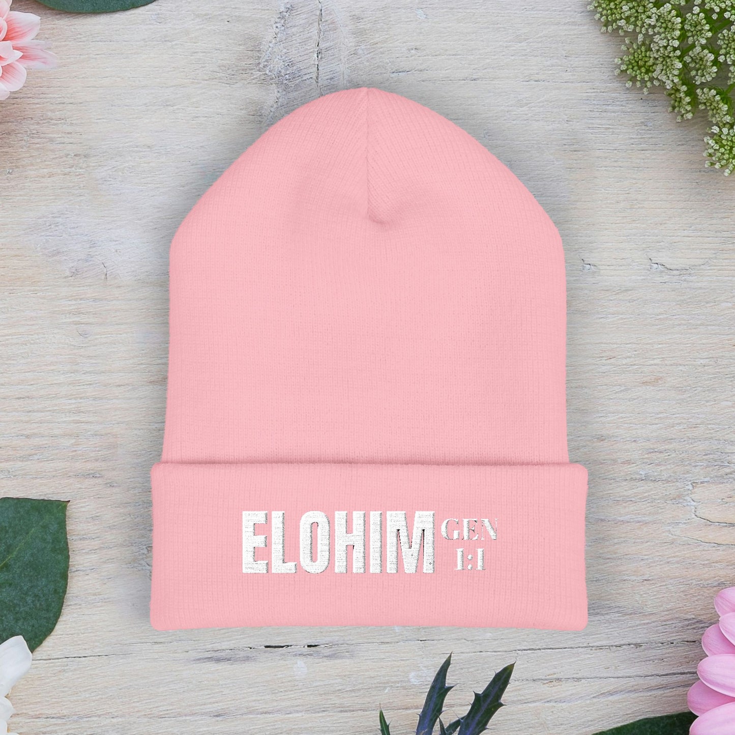 Embroidered 'ELOHIM, GENESIS 1:1' Classic Cuffed Beanie - Cozy Winter Hat, Streetwear Accessory, Personalized Gifts, Religious Apparel, Unisex Beanie