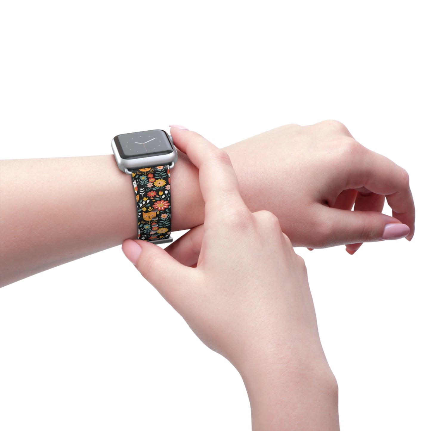 Whimsical Feline Garden Print Watch Band for Apple Watch - Cute Animal Design.