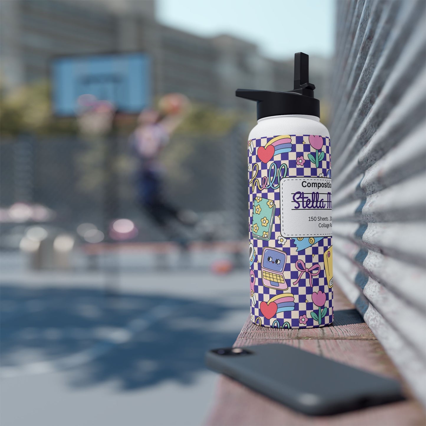 Personalized Purple Doodle Daydream Composition Book Inspired Stainless Steel Water Bottle for Kids, School Supplies, Eco-Friendly Drinkware, Back to School, Teacher Gifts