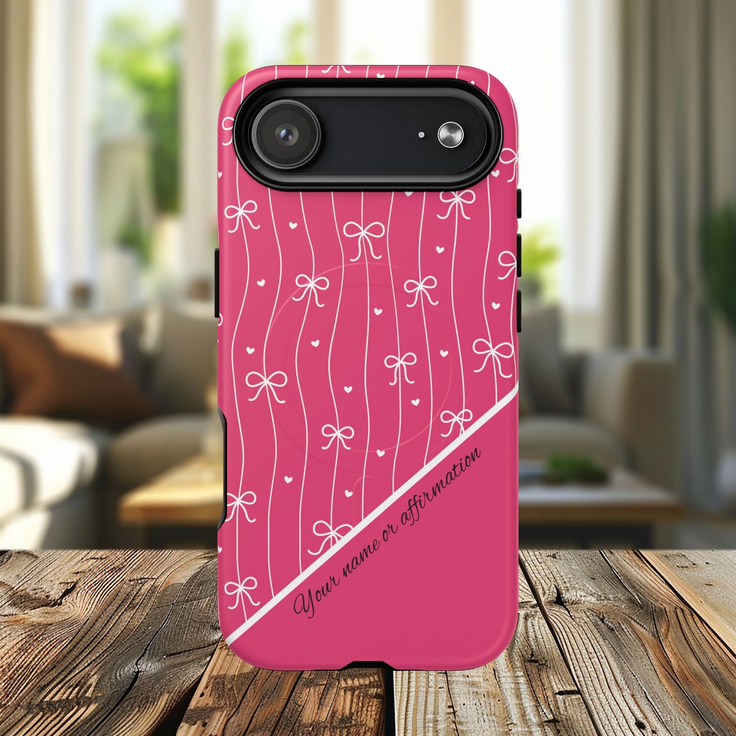 Pink Bow Coquette Magnetic Tough Magnetic MagSafe®  Case — (Add Name or Affirmation)-iPhone® 13, 14, iPhone 15, iPhone 16, iPhone 17, Pro, Pro Max, Plus Cases.