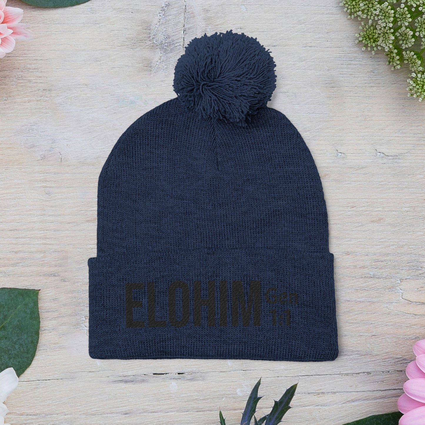 Cozy Pom-Pom Knit Cap with 'ELOHIM, GENESIS 1:1'  Embroidery Beanie - Stylish Winter Accessory for All Ages, Perfect Gift for Birthdays, Holidays, and Outdoor Activities