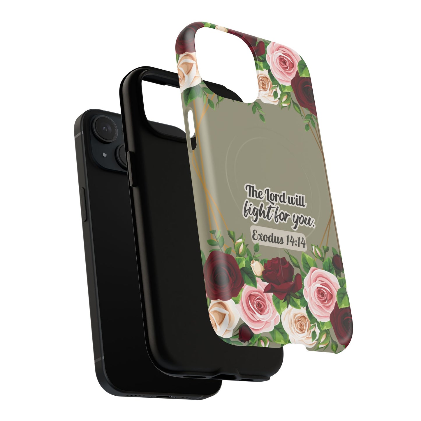 The Lord will Fight for You Exodus 14:14, Inspirational Gift, Tough iPhone Magnetic Case Scripture, Roses Bible Verse, MagSafe® iPhone® Tough Case, iPhone 14, iPhone 15, iPhone 16, Pro, Pro Max, Plus.