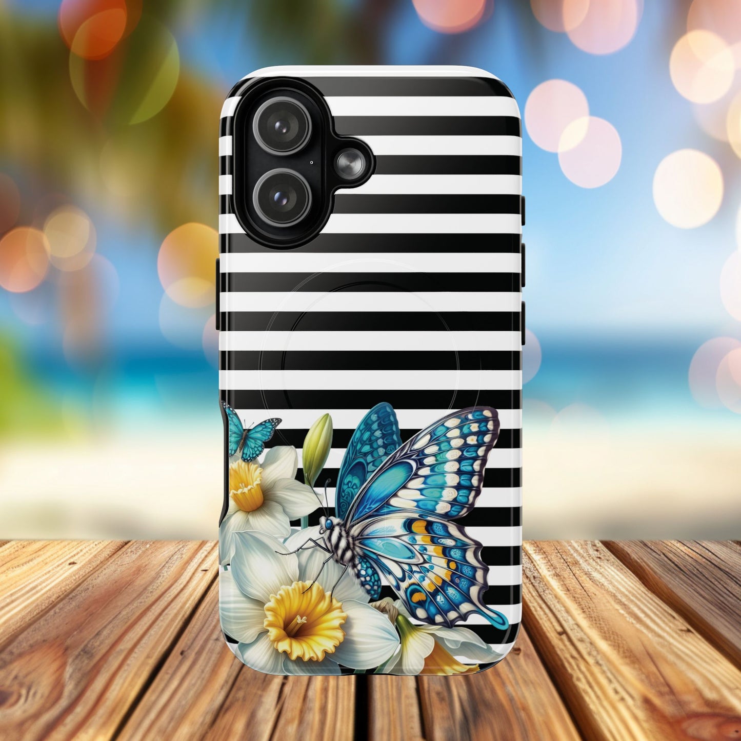 Daffodil Flutter Tough iPhone Magnetic Case, Floral iPhone Accessories, Stylish iPhone Cover, Black Striped Design, Gift for Her, Trendy iPhone