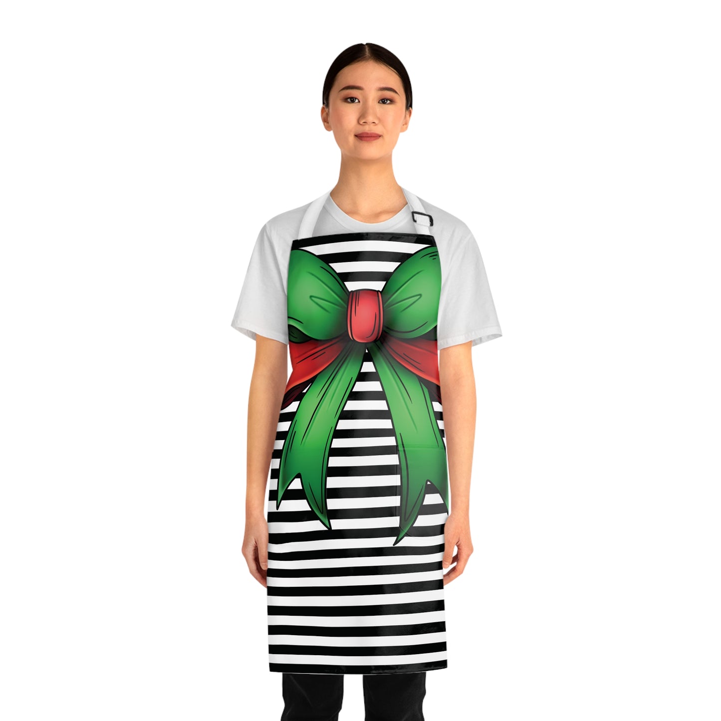 Striped Green Bow Grilling Apron with Tie Straps (AOP).