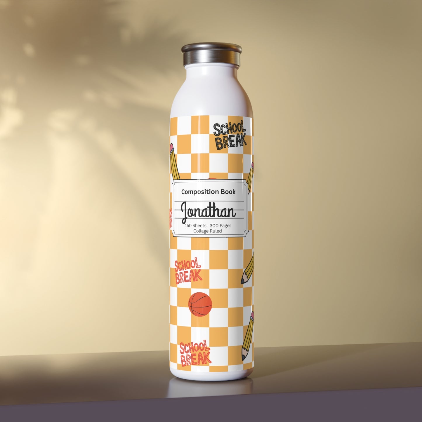 Personalized Orange Schoolyard Chic Composition Book Inspired Slim Water Bottle, Customizable Drinkware, Eco-Friendly Hydration Bottle, Perfect for Gifts, School Supplies, Back to School