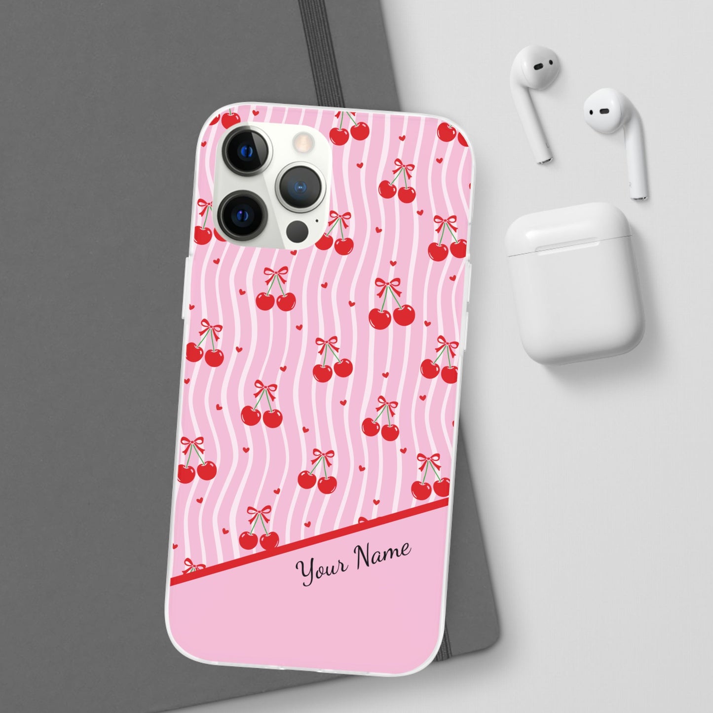 Personalized Cherry Blossom Dreams Flexi Case — Pink Retro Cherry iPhone® 7/8, 11, 12, 13, 14, 15, 16, 17, X/XS, SE, XR, Mini, Pro, Pro Max, Plus Cases.