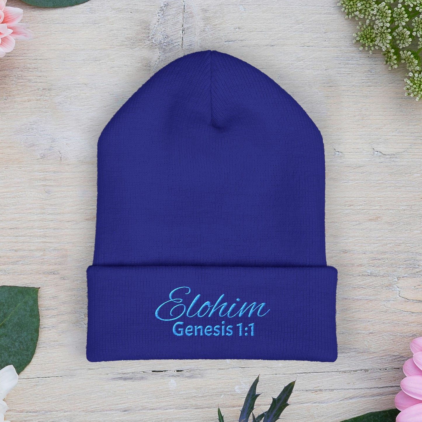Teal Embroidered 'ELOHIM, GENESIS 1:1' Classic Cuffed Beanie - Cozy Winter Hat, Streetwear Accessory, Personalized Gifts, Religious Apparel, Unisex Beanie