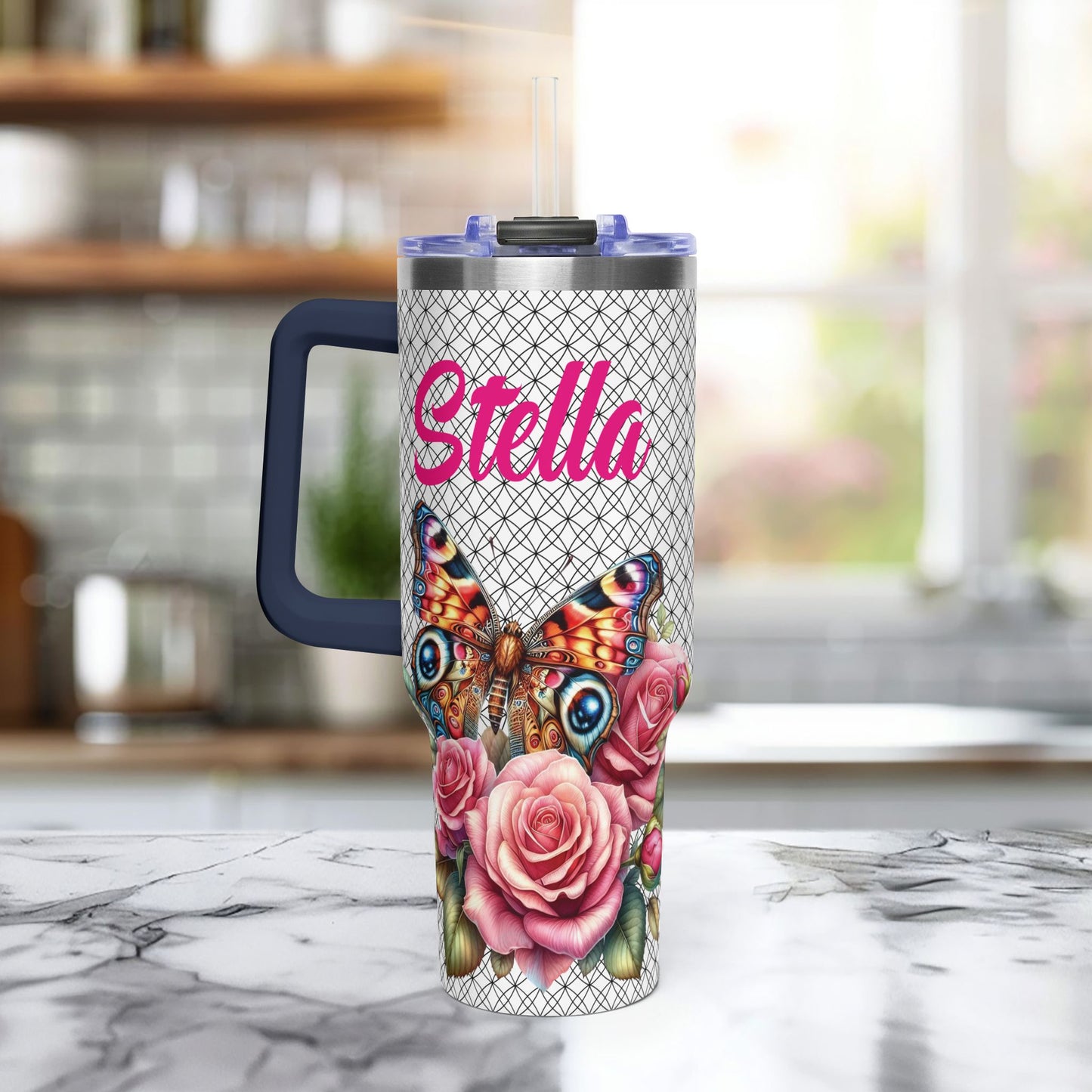 40oz Floral Butterfly Tumbler — Personalized "Name and Affirmation" Vacuum Insulated Cup