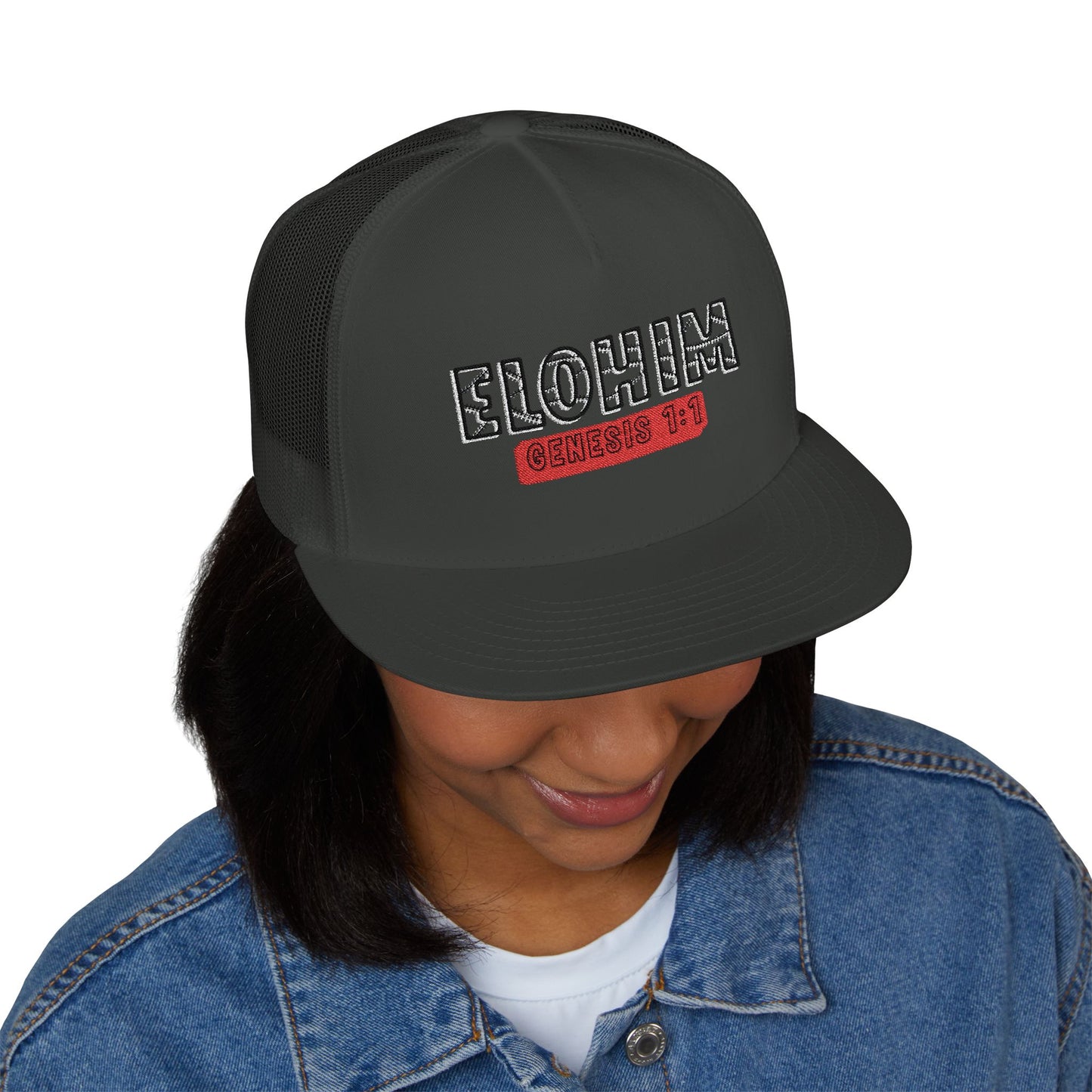 'ELOHIM, GENESIS 1:1'  Embroidered 5 Panel Trucker Cap | Casual Style Hat, Adjustable, Unisex, Perfect Gift for Outdoors, Festivals, Daily Wear