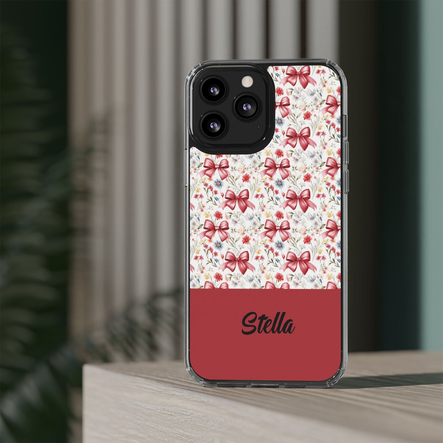 Personalized Rosette Coquette Floral Bow Clear iPhone, Samsung Cases — Custom Name Phone Cover