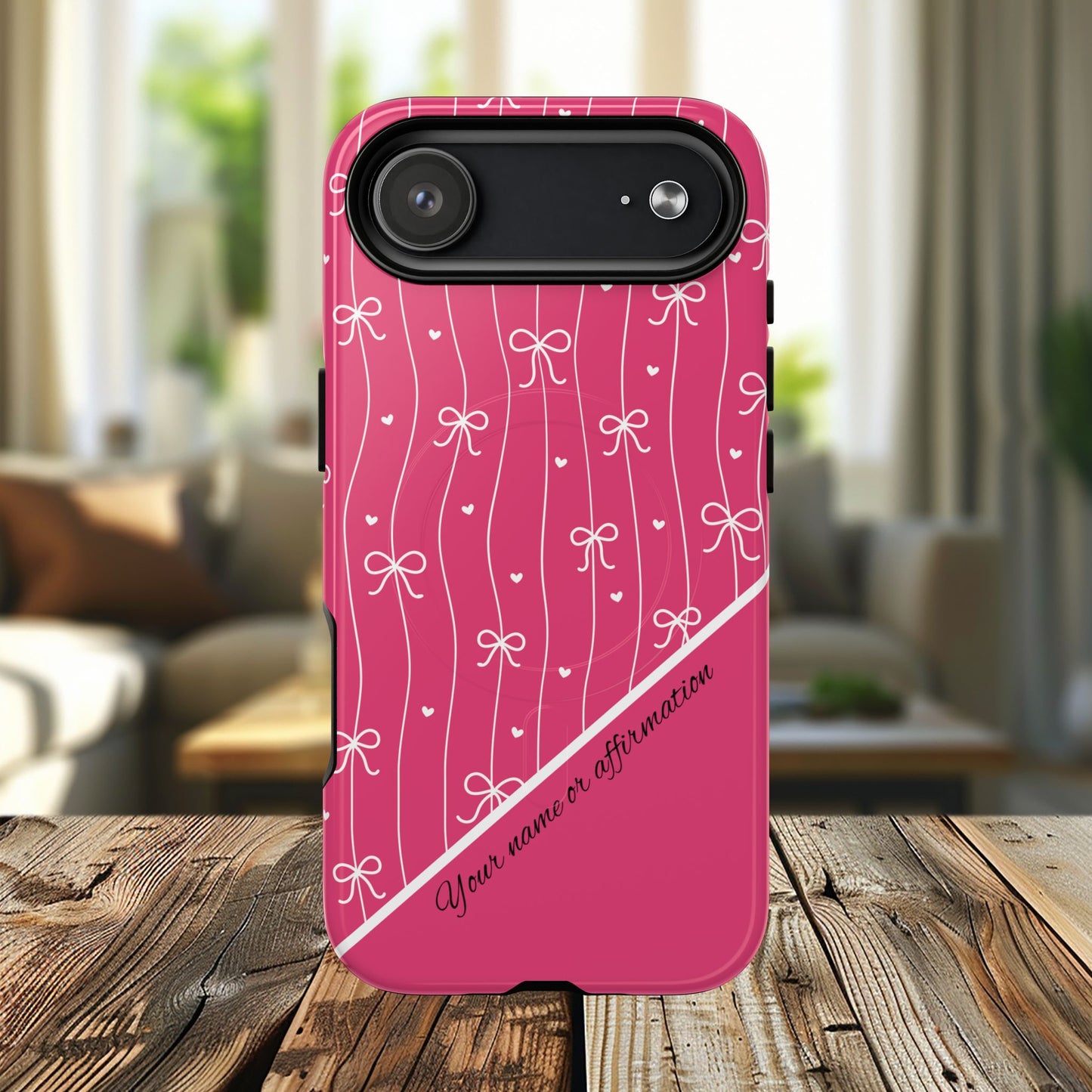 Pink Bow Coquette Magnetic Tough Magnetic MagSafe®  Case — (Add Name or Affirmation)-iPhone® 13, 14, iPhone 15, iPhone 16, iPhone 17, Pro, Pro Max, Plus Cases.
