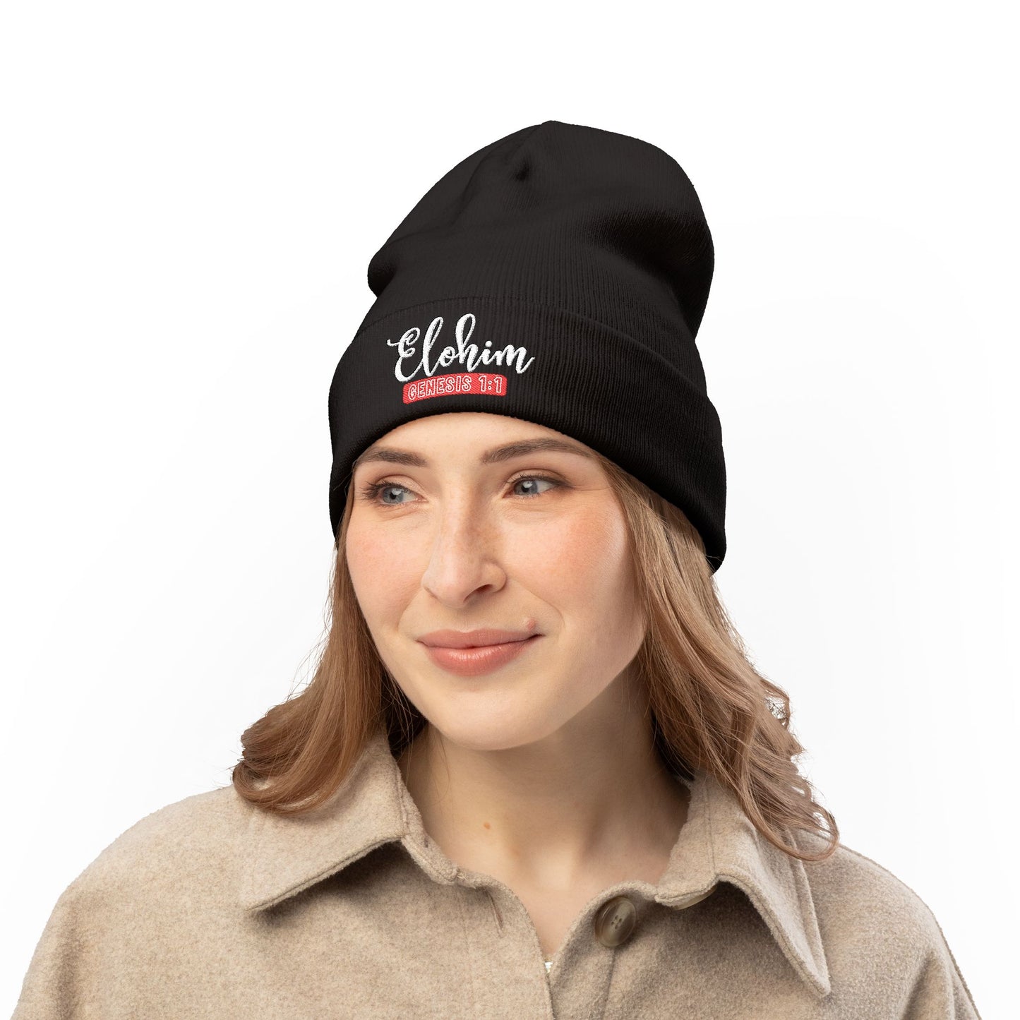 Stylish Knit Beanie with 'ELOHIM, Genesis 1:1' Embroidery, Winter Accessory, Religious Gift, Cozy Beanie Cap, Faith-Inspired Fashion