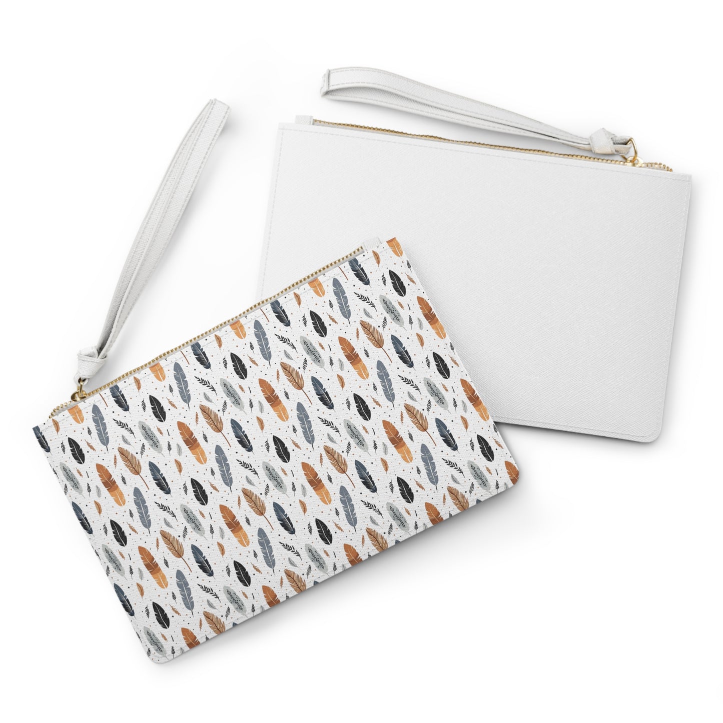 Whispering Feathers Clutch Bag - Vegan Leather Saffiano Pattern Fashionista On-the-Go Zip Fastening Wrist Strap.